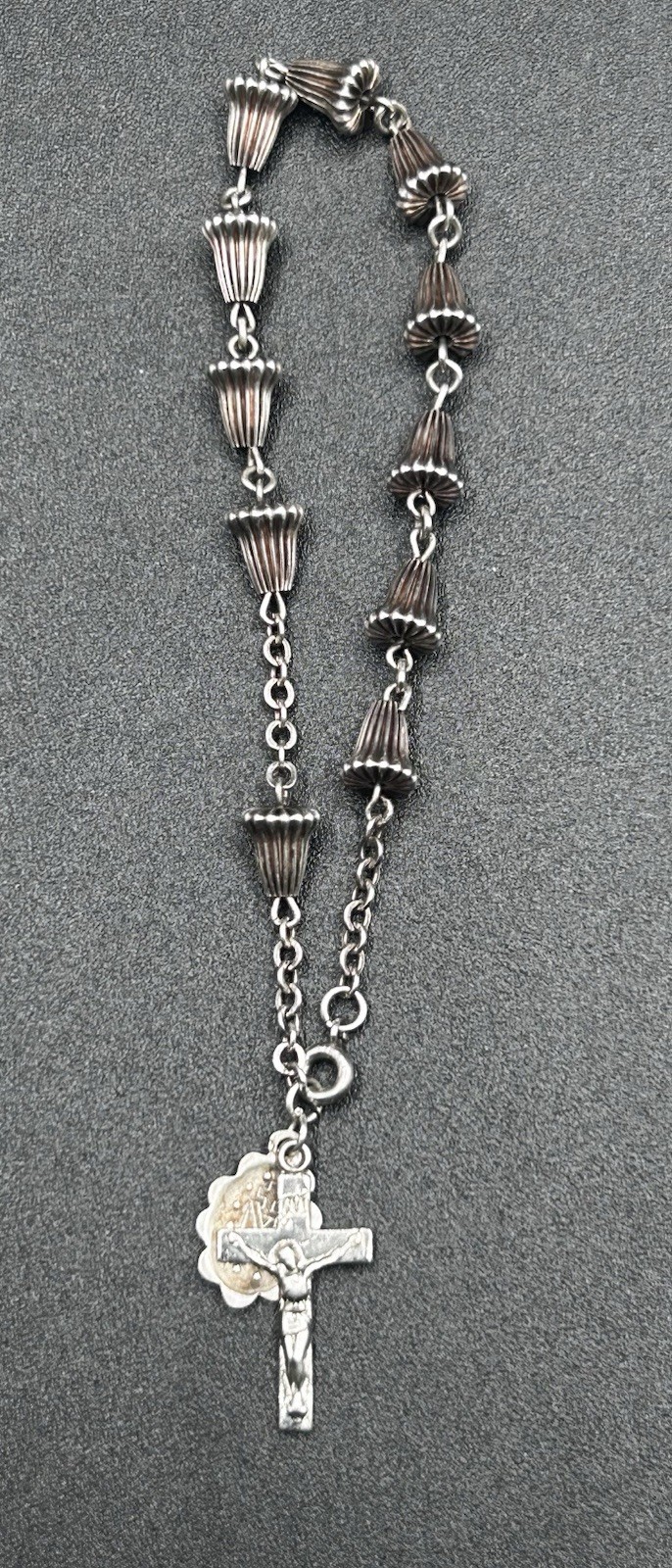 Vintage Sterling Silver Wedding/Fluted Bell Rosary Bracelet Crucifix Cross