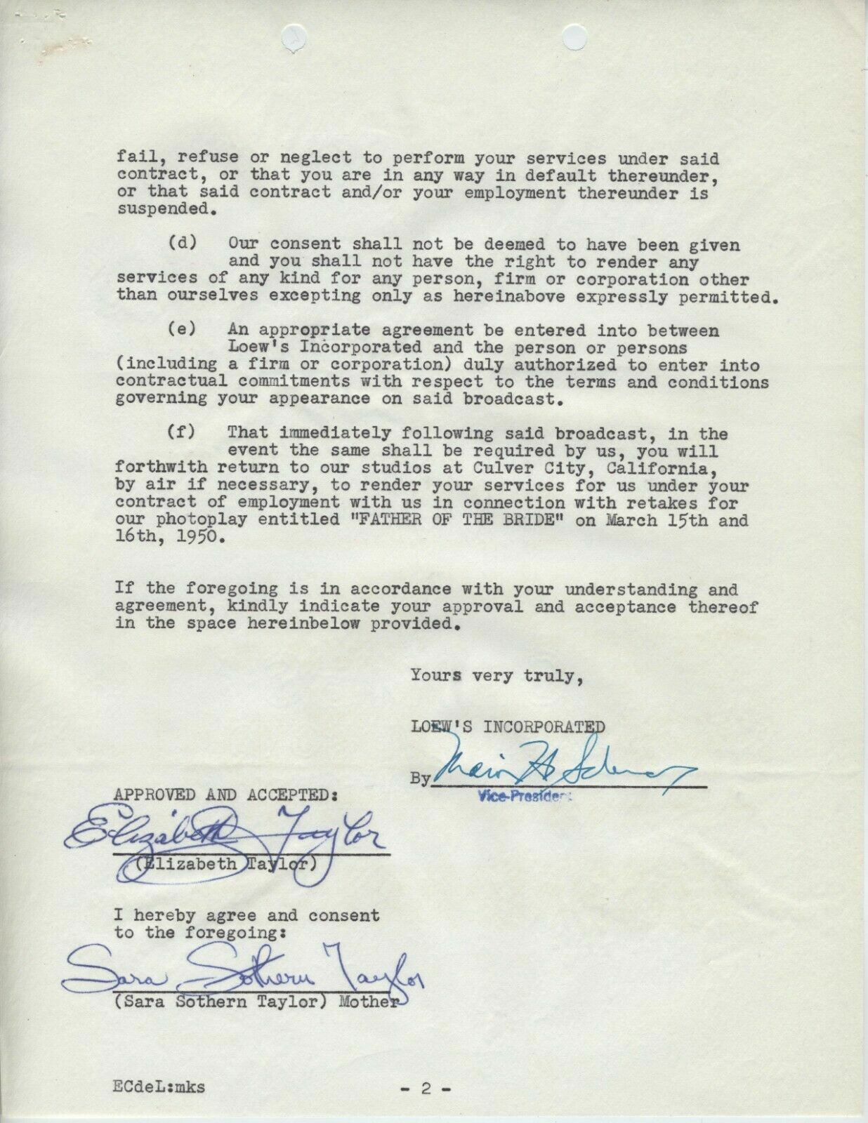 FANTASTIC ELIZABETH TAYLOR SIGNED CONTRACT 17 YEARS OLD & SIGNED MOM MGM LOEWS