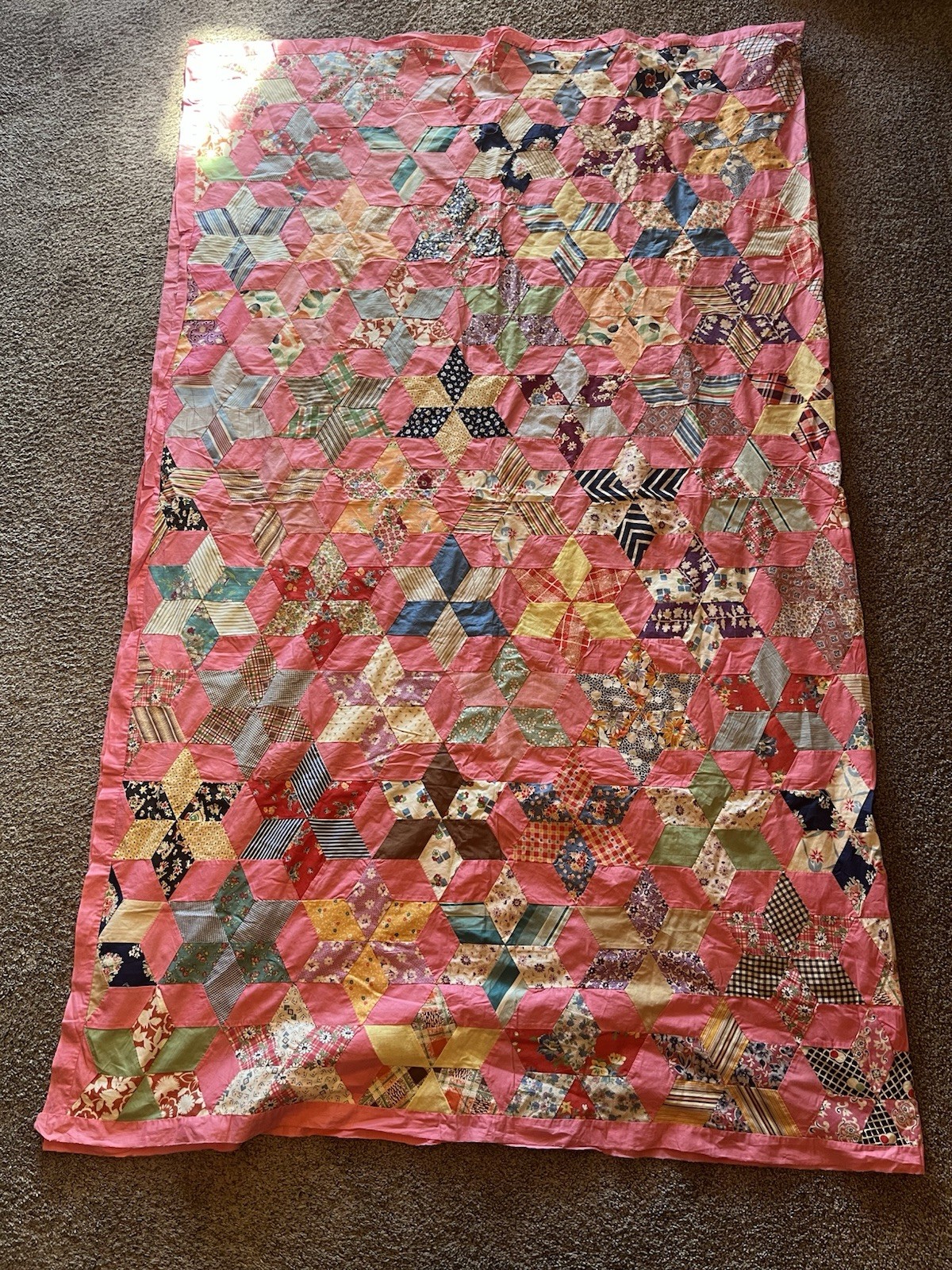 Vintage Patchwork Quilt Topper - Diamonds - Blocks - Hand Stitched Vibrant Pink