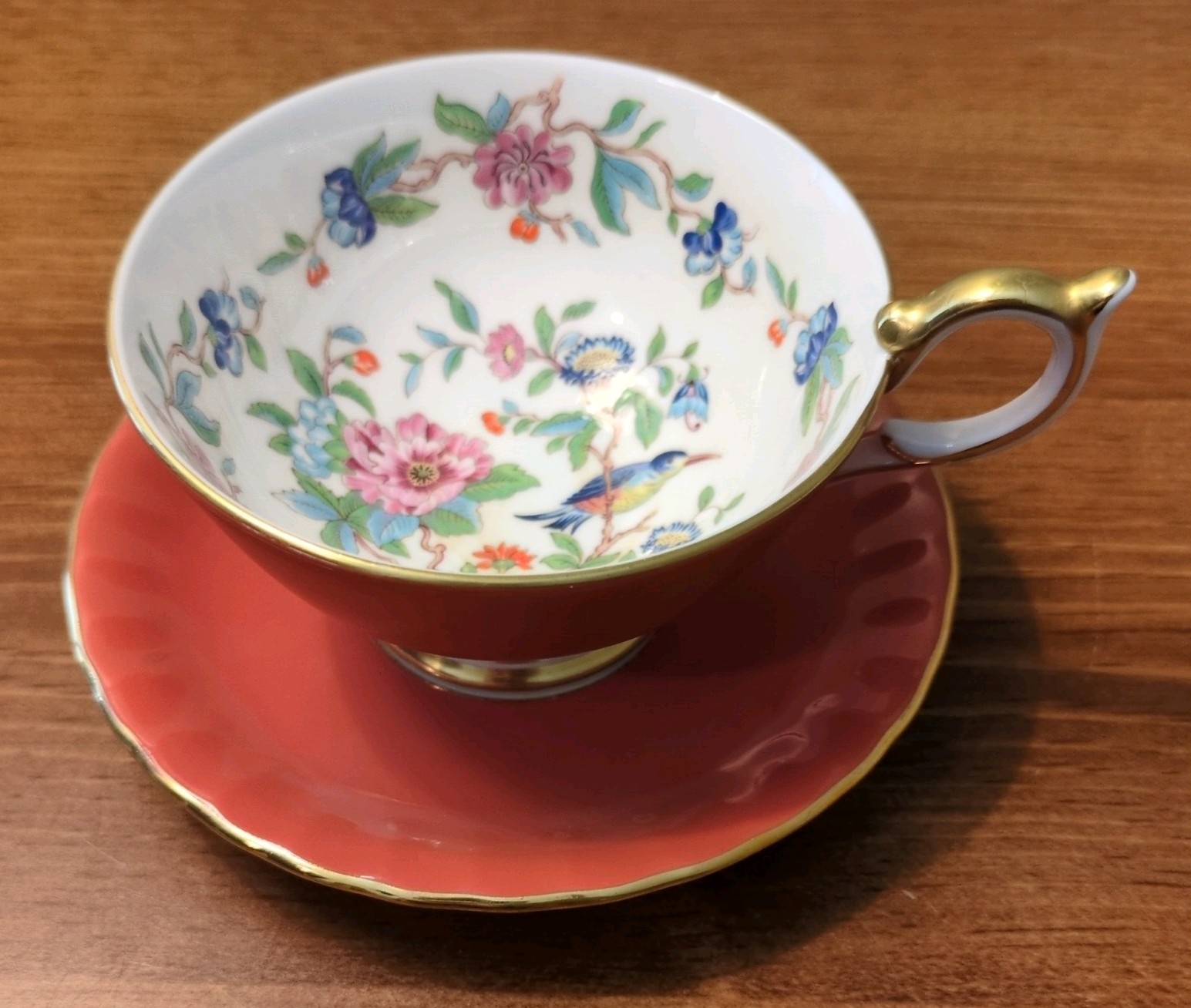 Vintage Flawless AYNSLEY Orange Tea Cup & Saucer  Birds Of Knowledge & Flowers