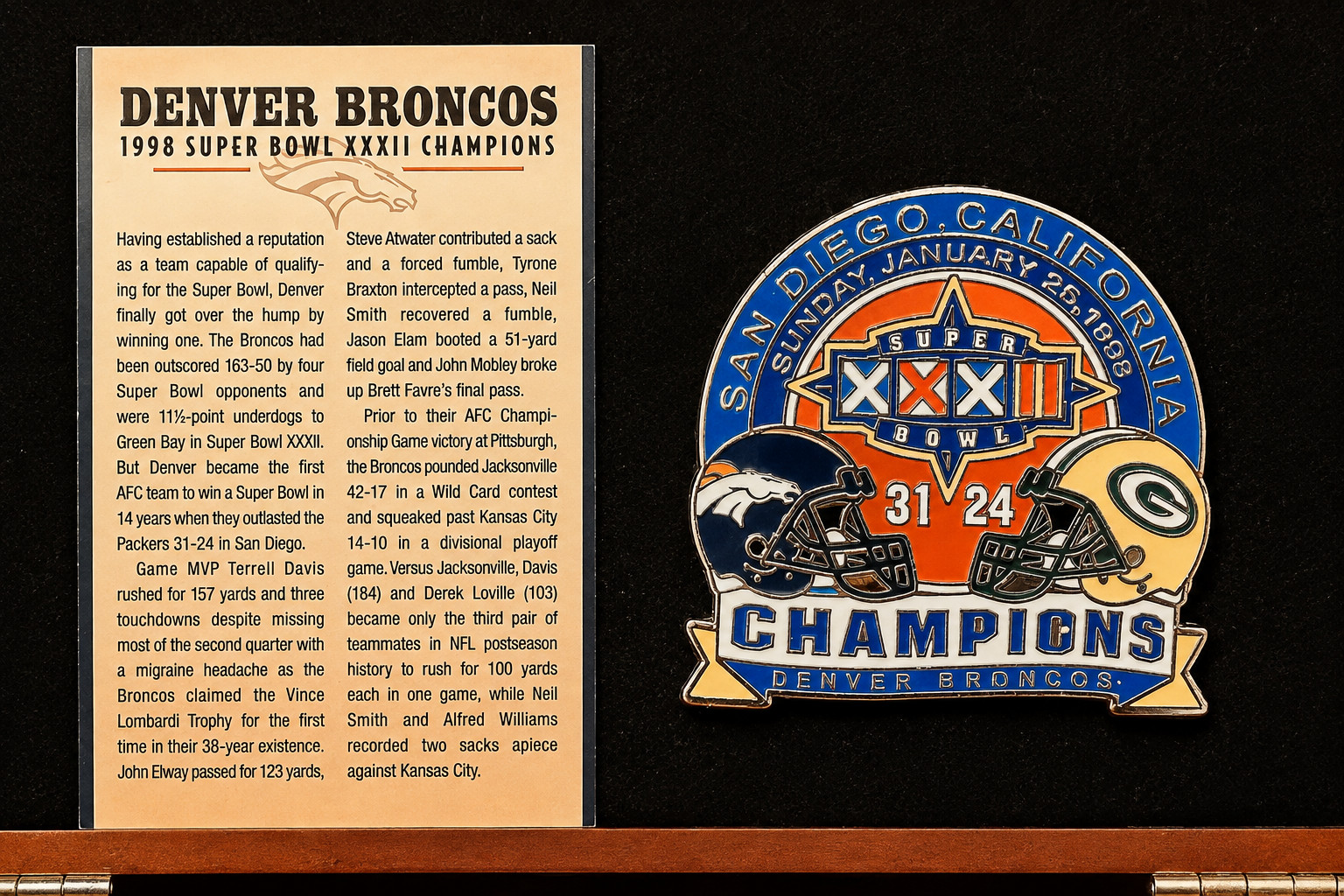 Denver Broncos 1998 Super Bowl XXXII Champions Hat / Label Pin With Bio Card