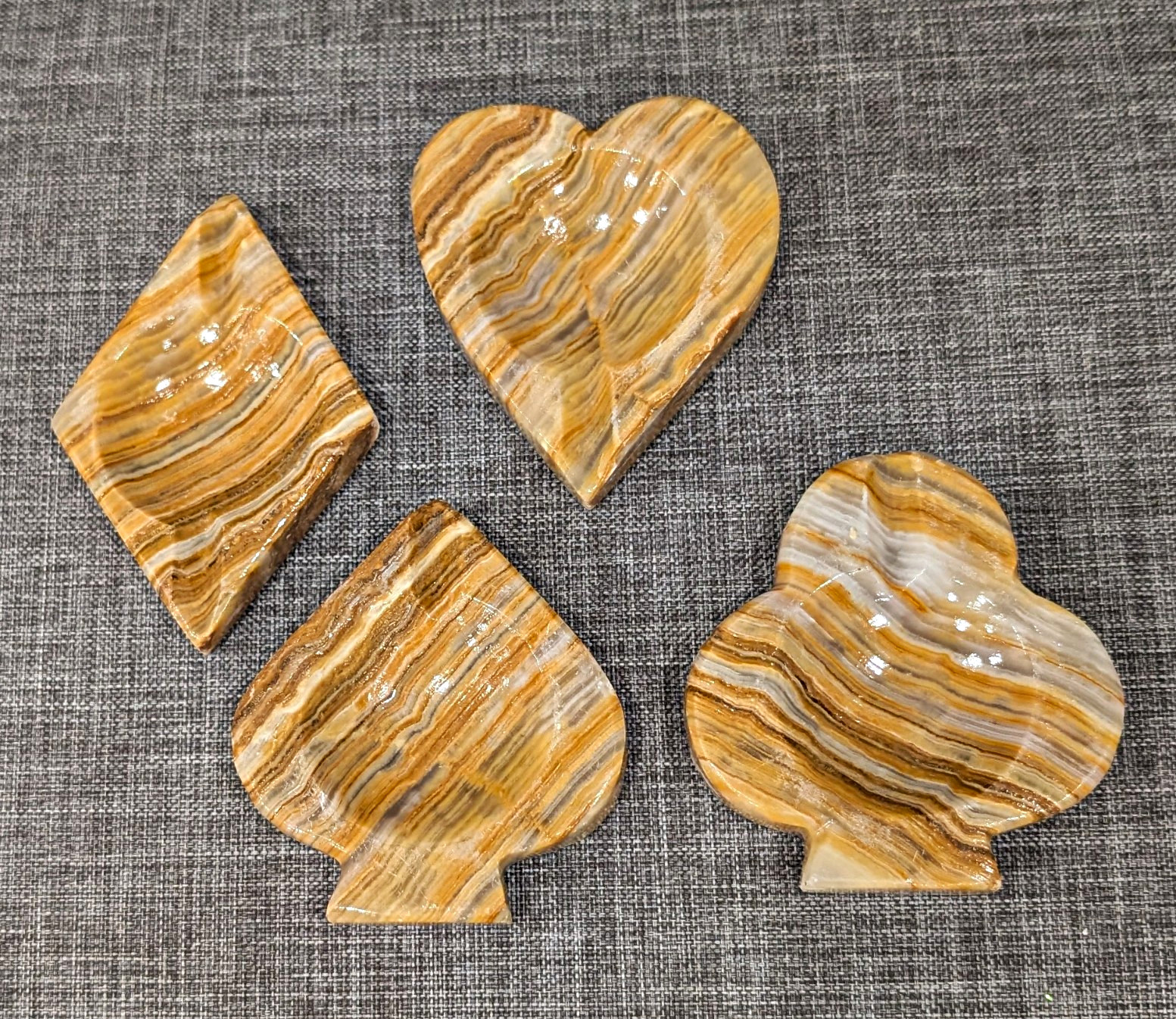 Vintage Banded Aragonite Onyx Card Suit Dishes Set of 4 Ashtray Catchall 