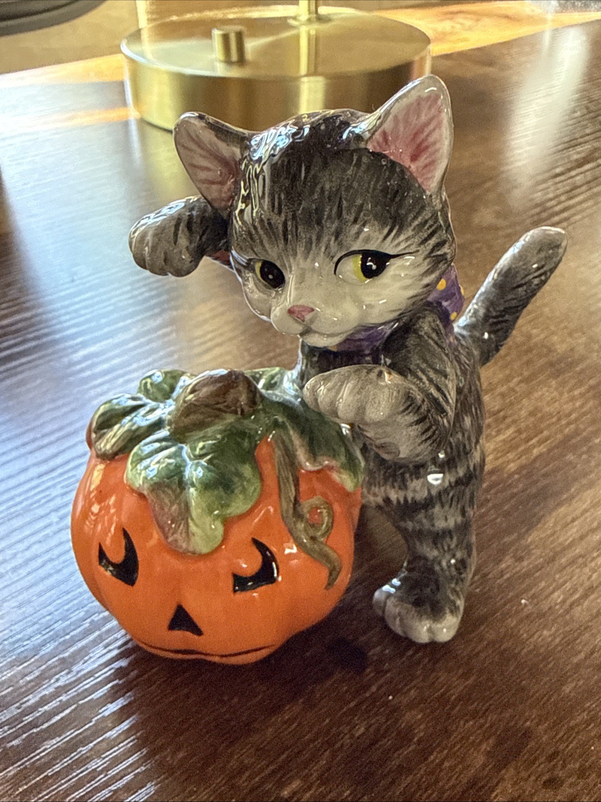 Vintage Fitz & Floyd Halloween Black Tabby Cat Pumpkin Figurine 4”