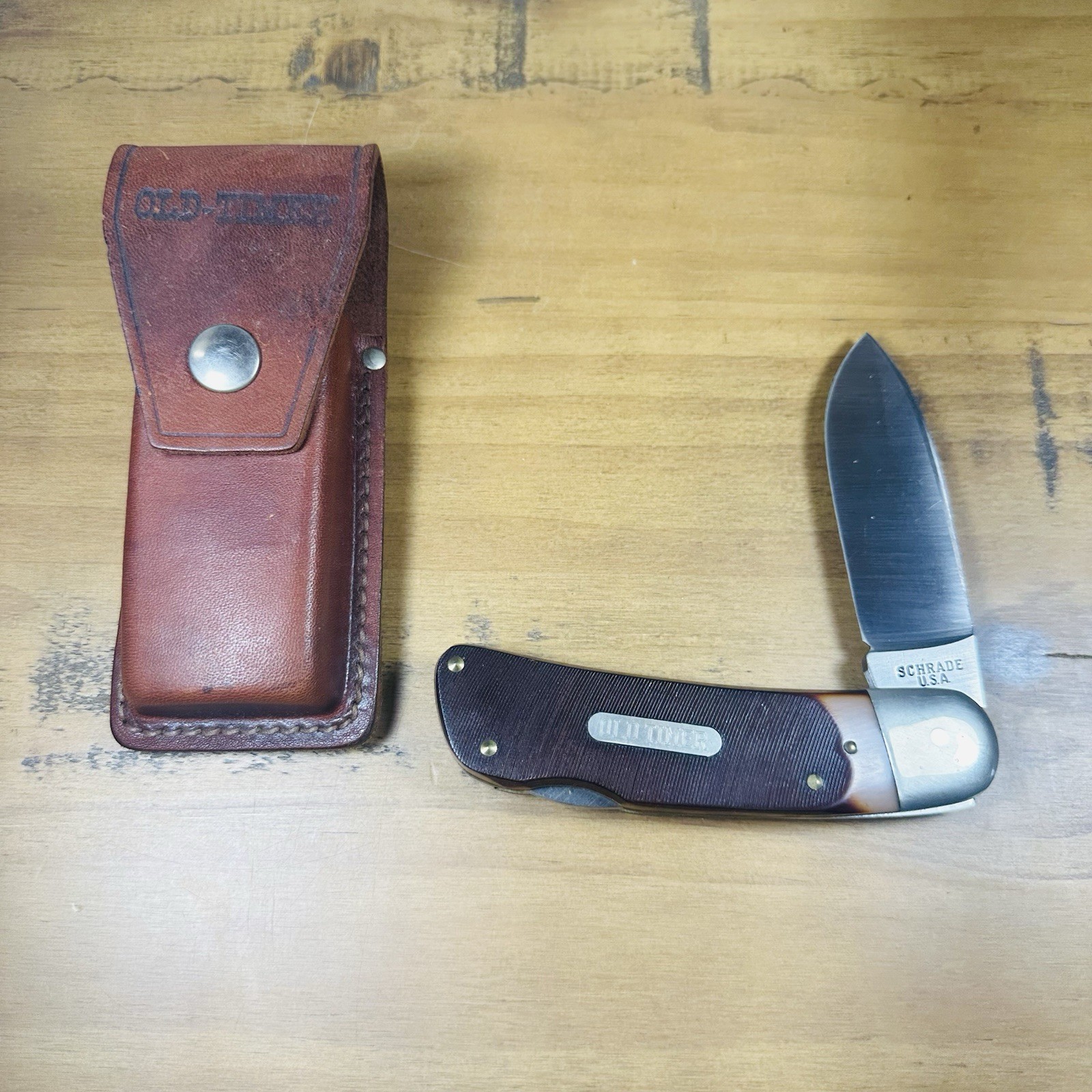 Vintage Schrade USA Old Timer Lockback Folding Hunting Knife w/ Leather Sheath