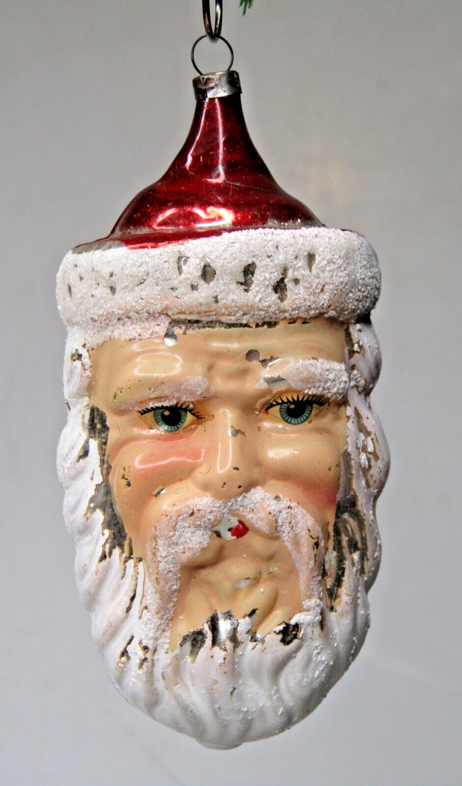Vintage Blown Glass SANTA BLUE Eyes Head Mica Christmas Ornament Germany