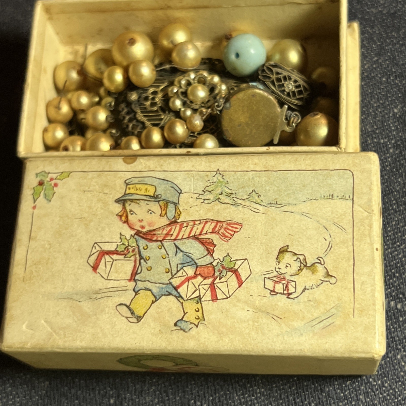 Vintage Small Christmas Candy Box Boy Dog Old Vintage Necklace For Repair