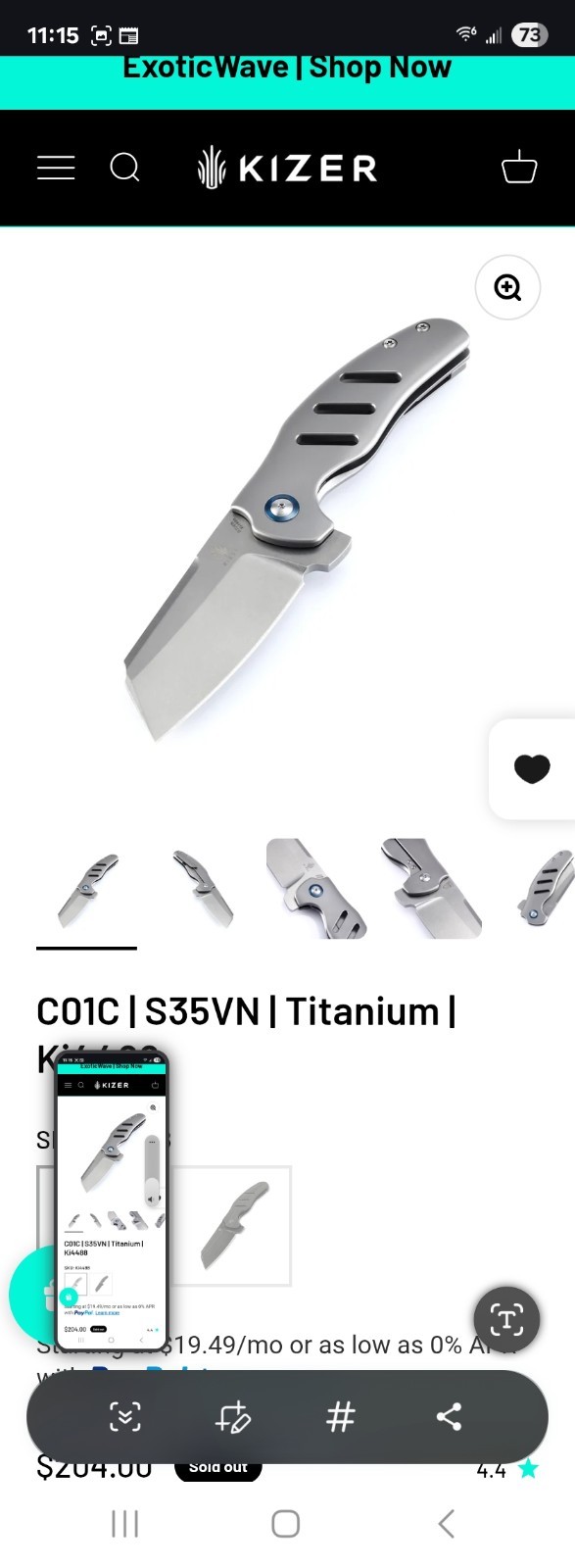 Kizer C01C Pocketknife CPM-S35VN Sheepsfoot Plain Frame Lock Ti Gray Clip
