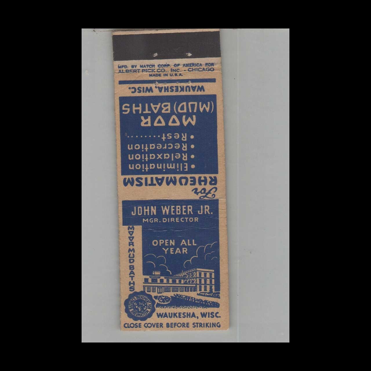 Matchbook Cover Moor Mud Baths Waukesha WI