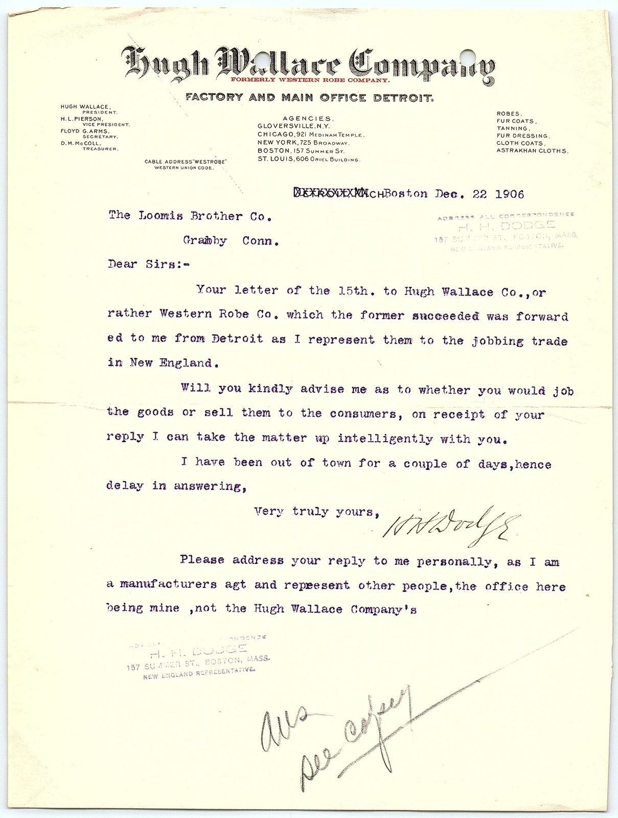1906 Hugh Wallace Co. Detroit Robes/Furs Billhead Letter