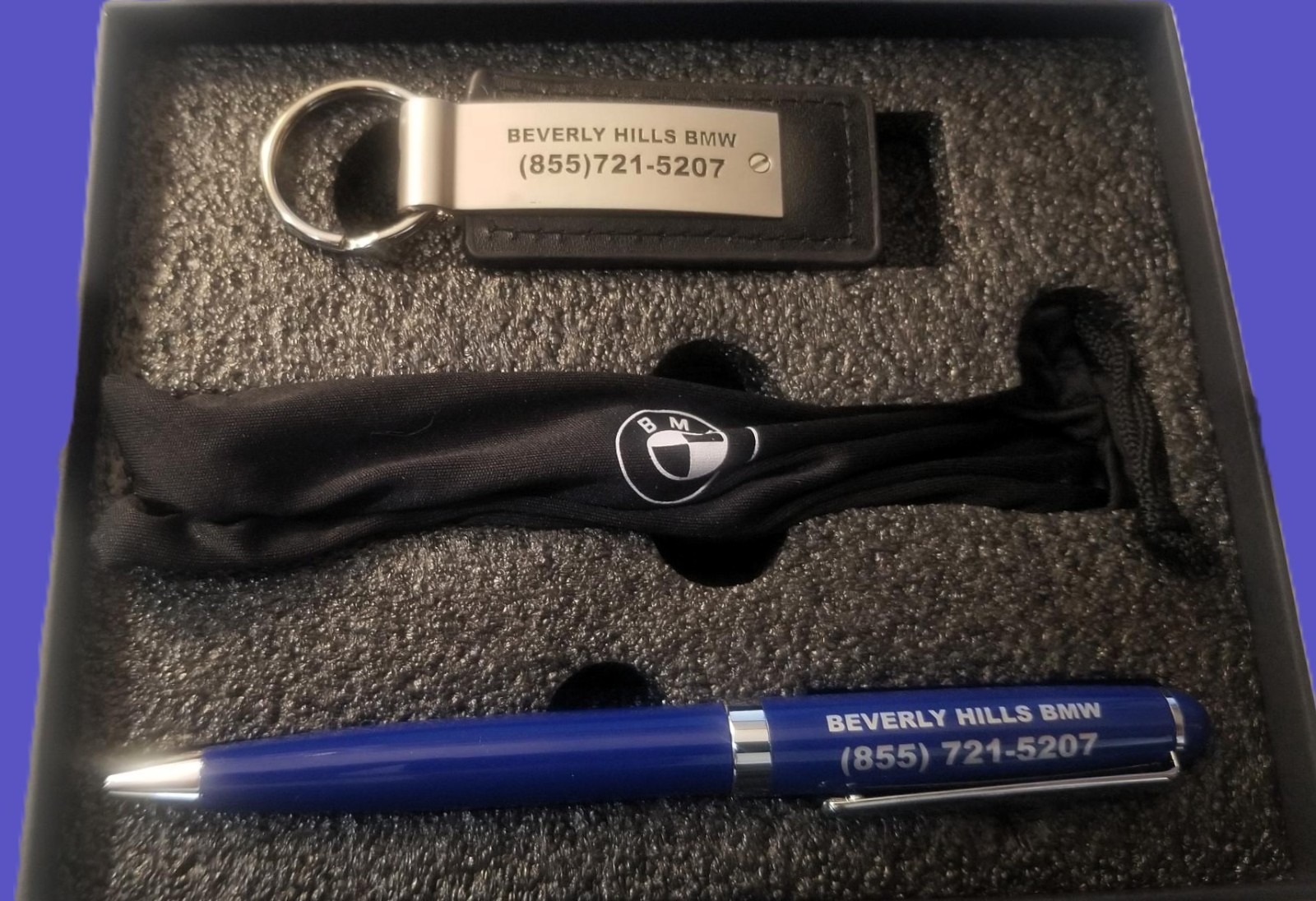 Beverly Hills BMW Genuine Leather Key Chain, Pen, Flashlight Gift Set New In Box