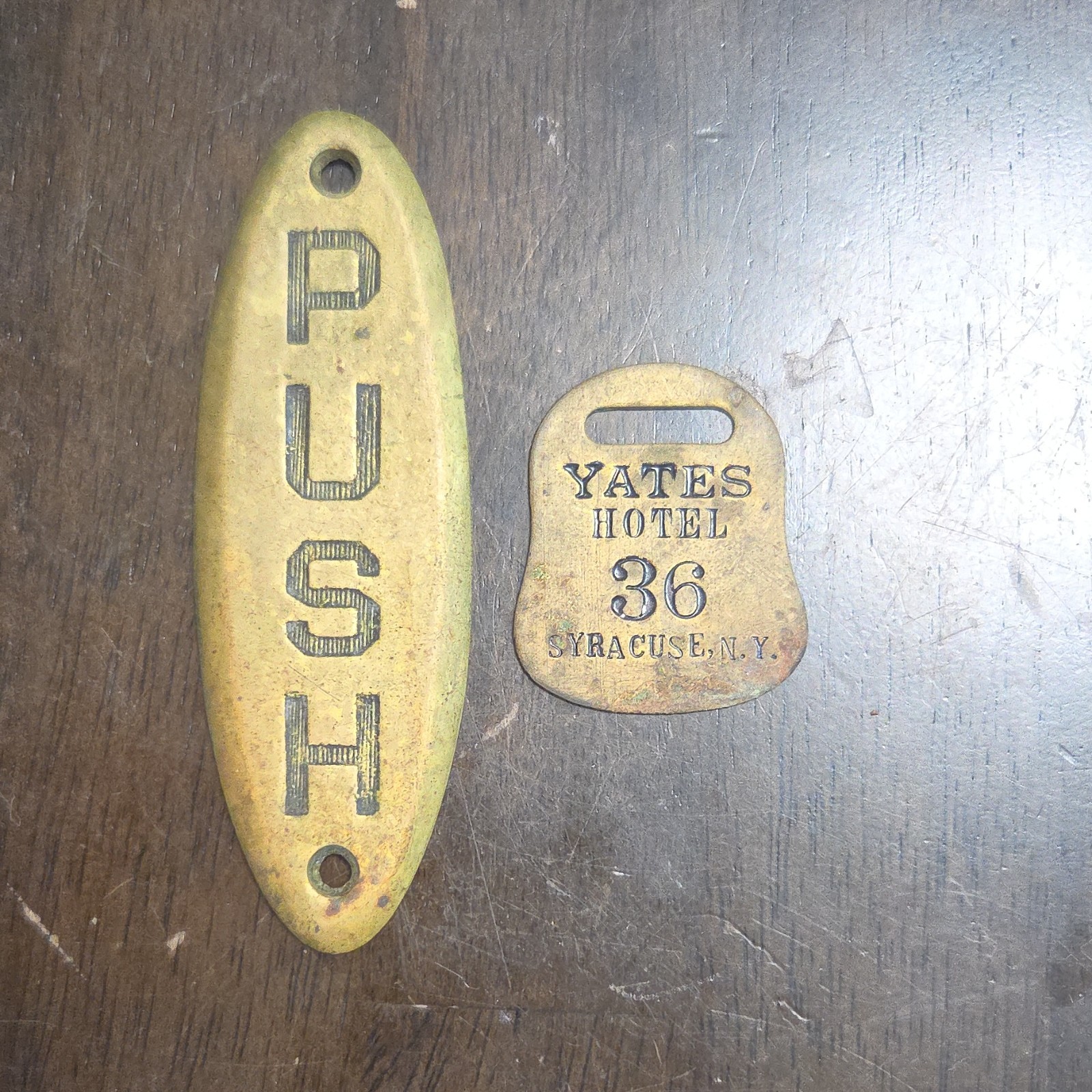 Yates Hotel Brass Room Key Tag #36 Syracuse NY Gold w/ PUSH Plate