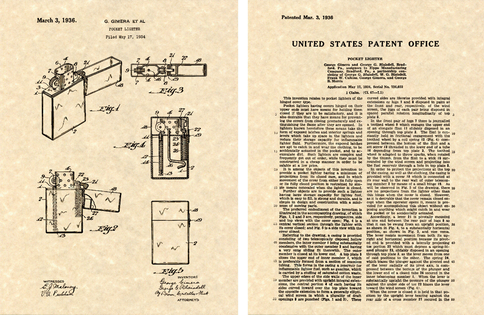ZIPPO Lighter US PATENT Art Print READY TO FRAME Original 1936 Gimera Pocket
