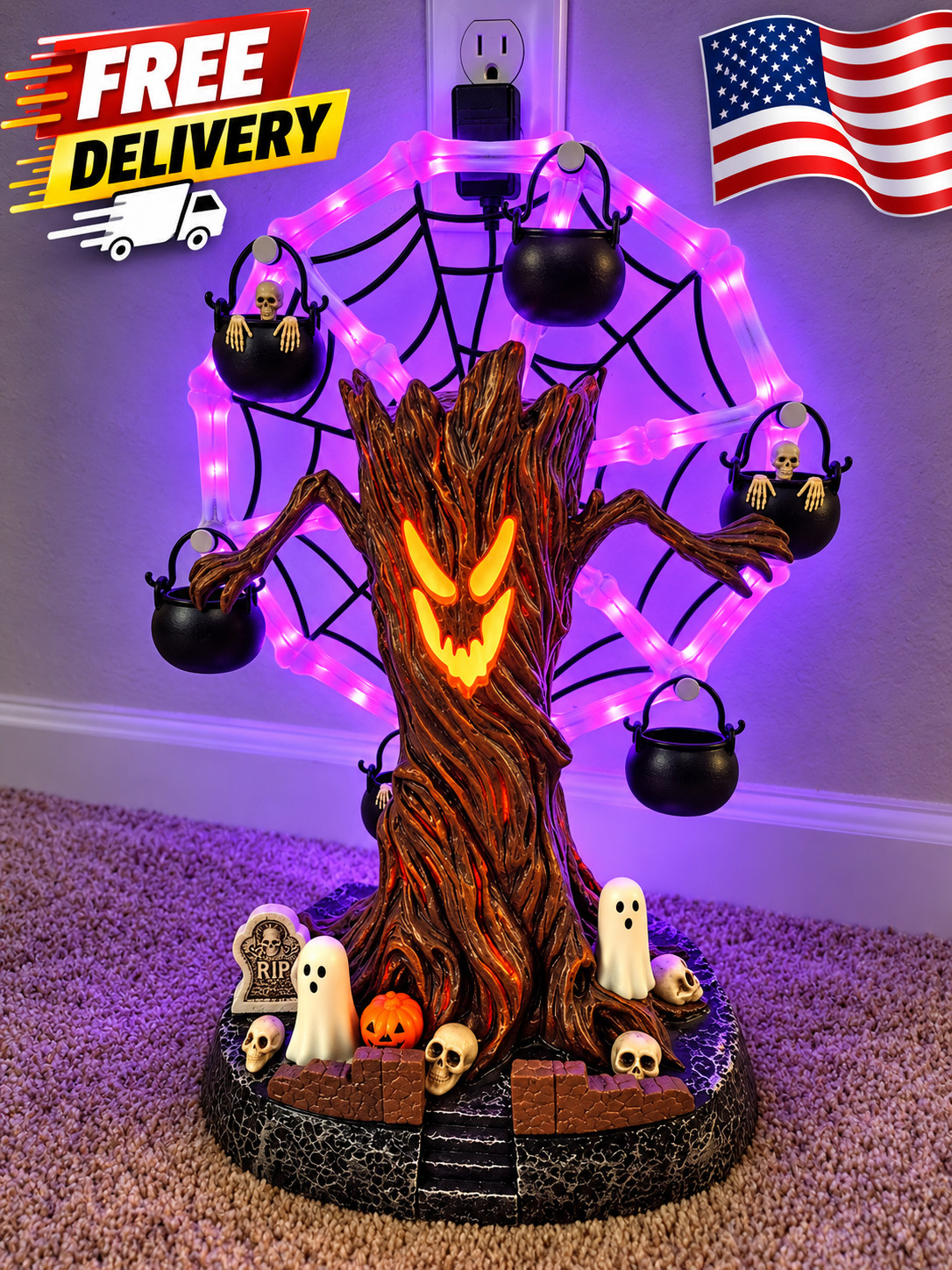 Haunted Tree Halloween Ferris Wheel Tabletop Decor Spooky Light Up Display 