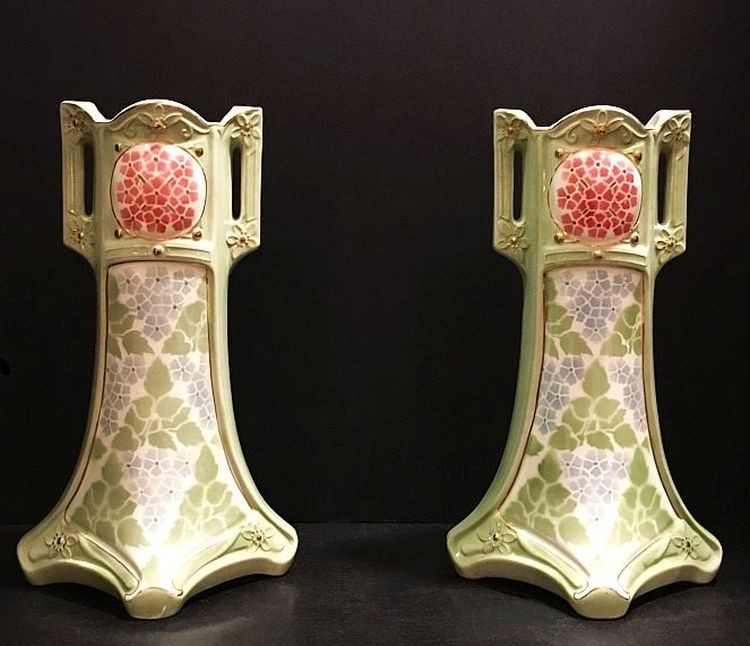 Antique French Mantle Vases. 1920's K & G Luneville. Hydrangeas.  Pale sage.