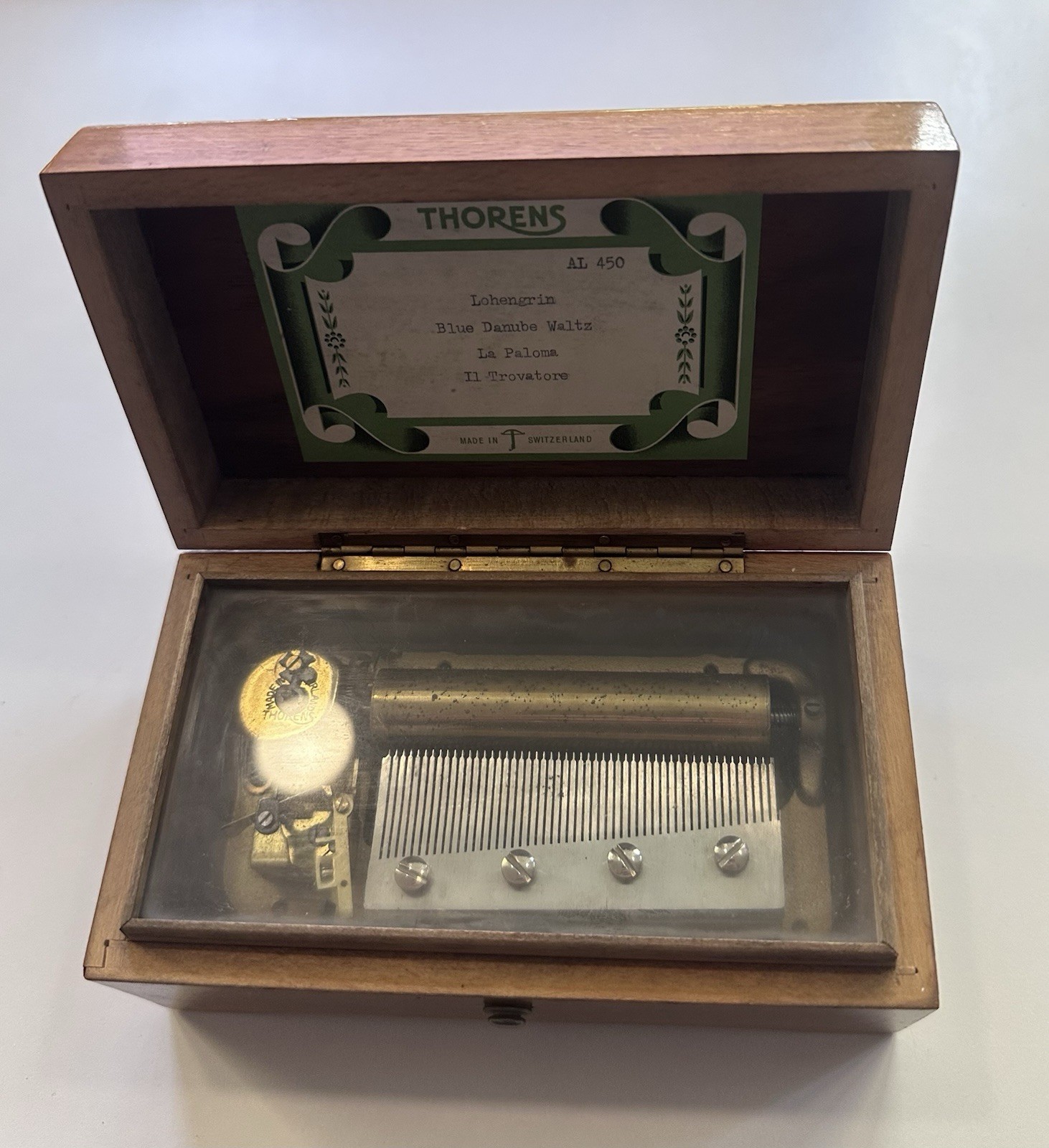 Vintage Thorens AL 450 Swiss Music Box 4 Tune Wood Case For Repair Parts