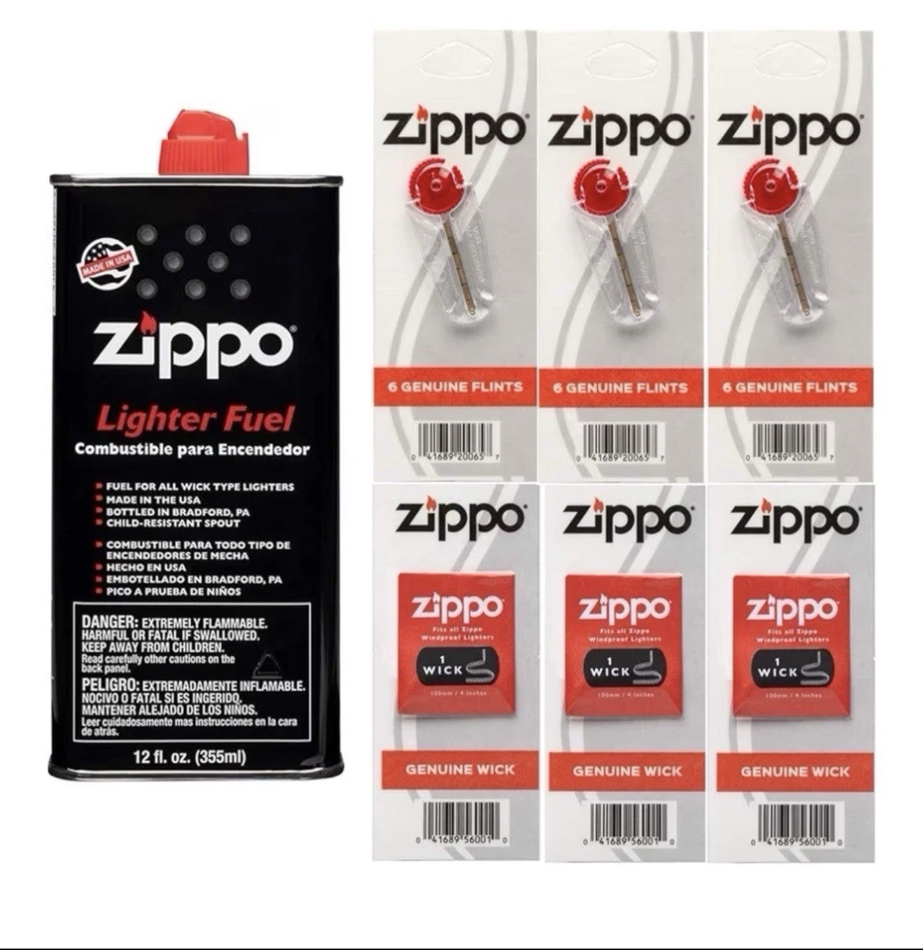 Zippo 12 fl.oz Fluid Fuel and 6 Value Pack (18 Flints + 3 Wick) Gift Set Combo