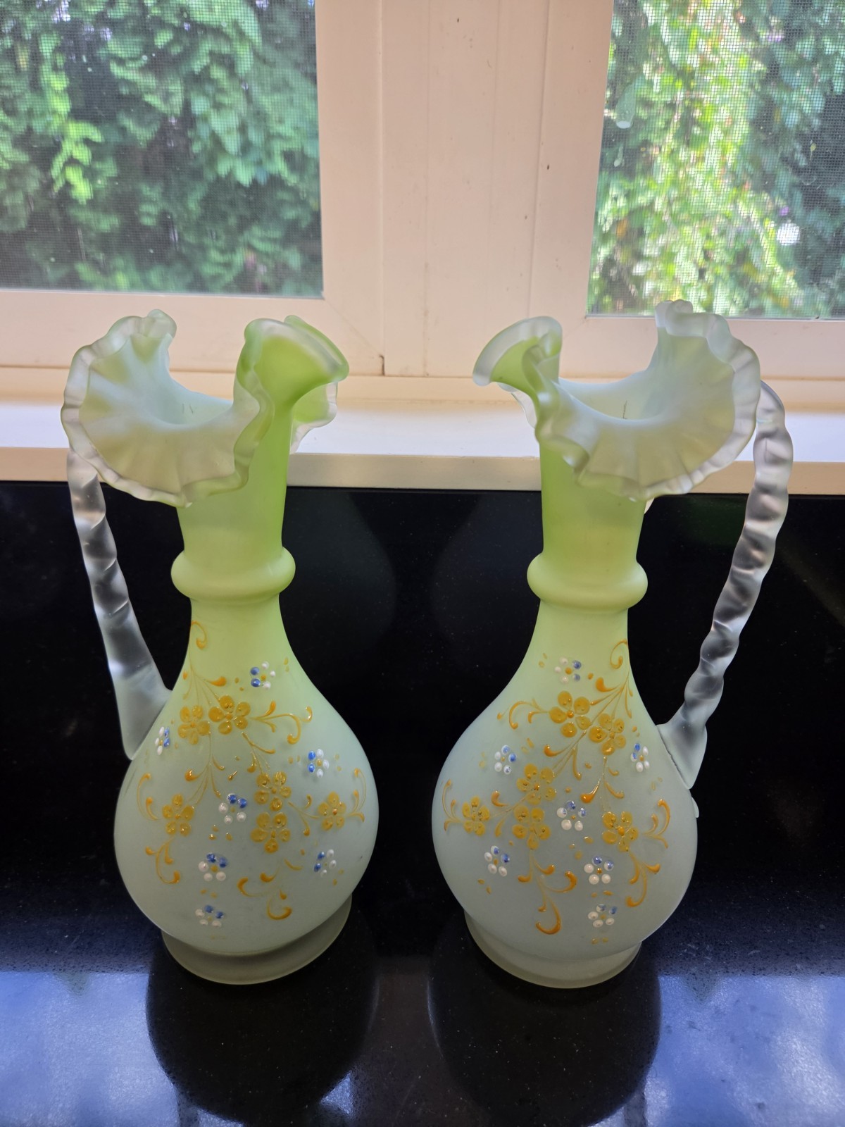 Pair Antique Victorian Green Satin Glass Ewers Hand Painted Enamel Vases 1890s