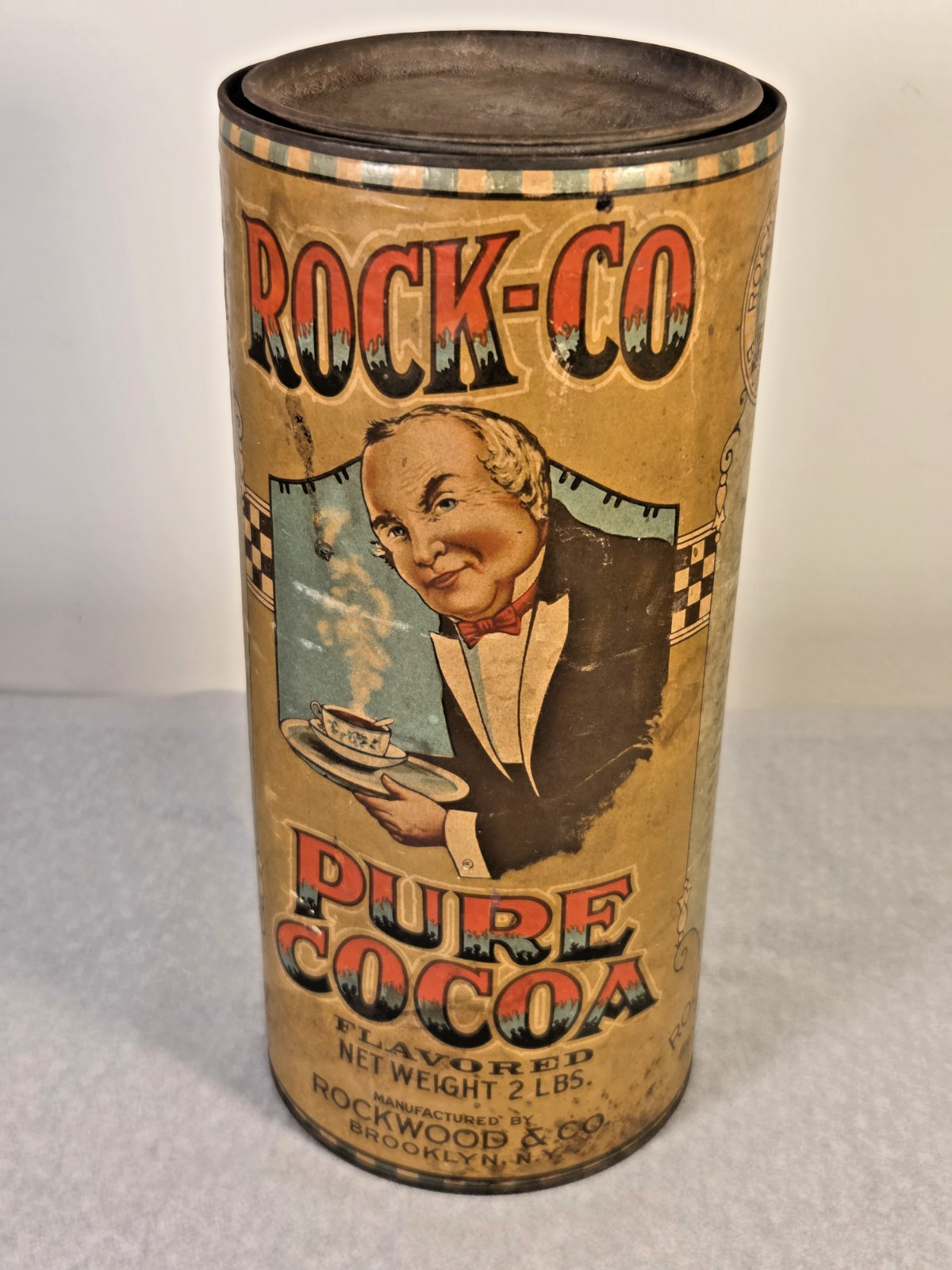 Antique Rockwood Rock Co Pure Cocoa 2lb Can Brooklyn NY Cardboard Tin Sign 1900s