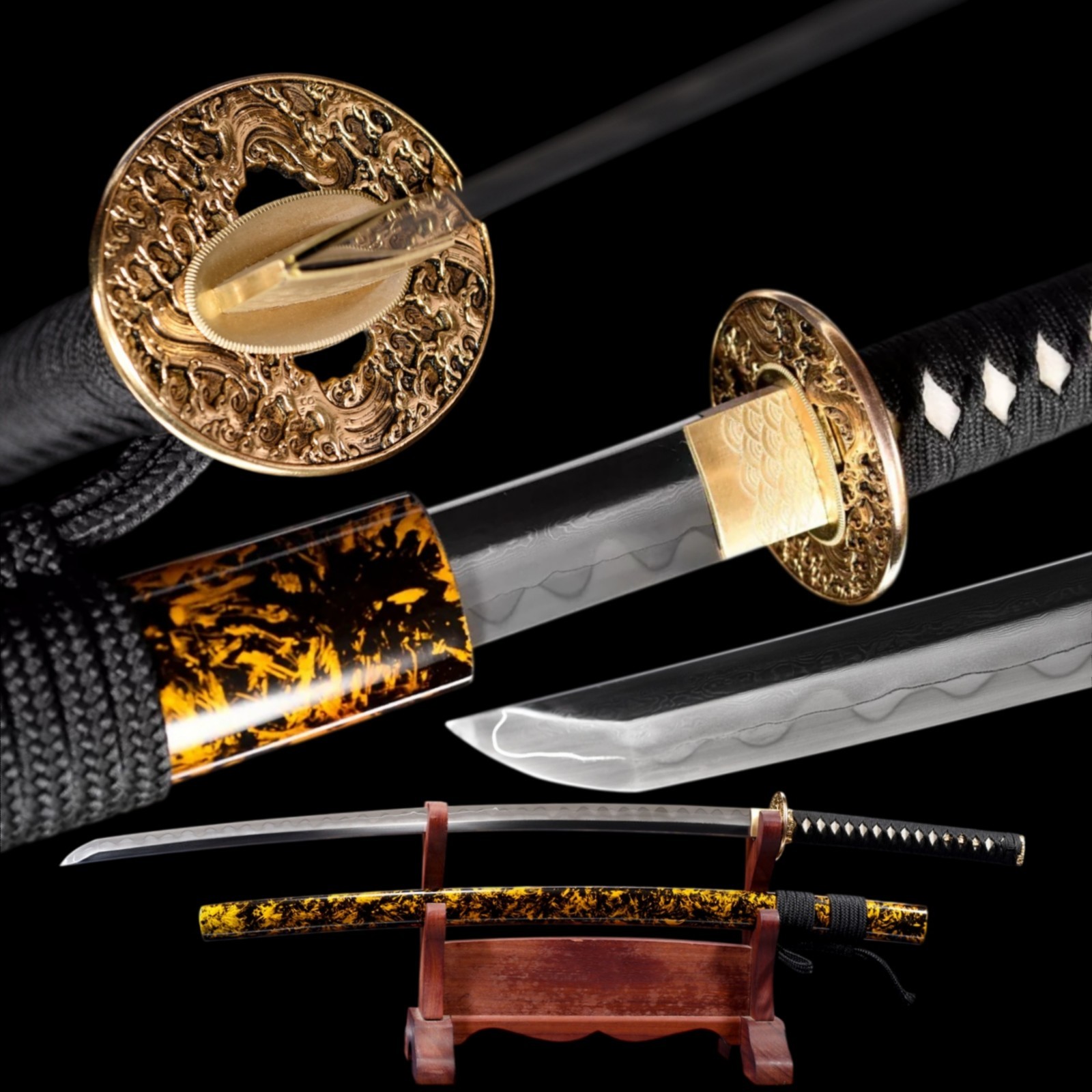 Authentic Hand Forged Sanmai Clay Tempered Katana Golden Wave Full Tang