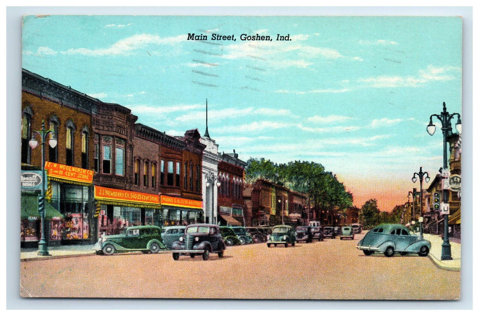 Postcard Main Street Goshen IN c1940s Rexall Woolworth Newberry Morris 5 10 cent