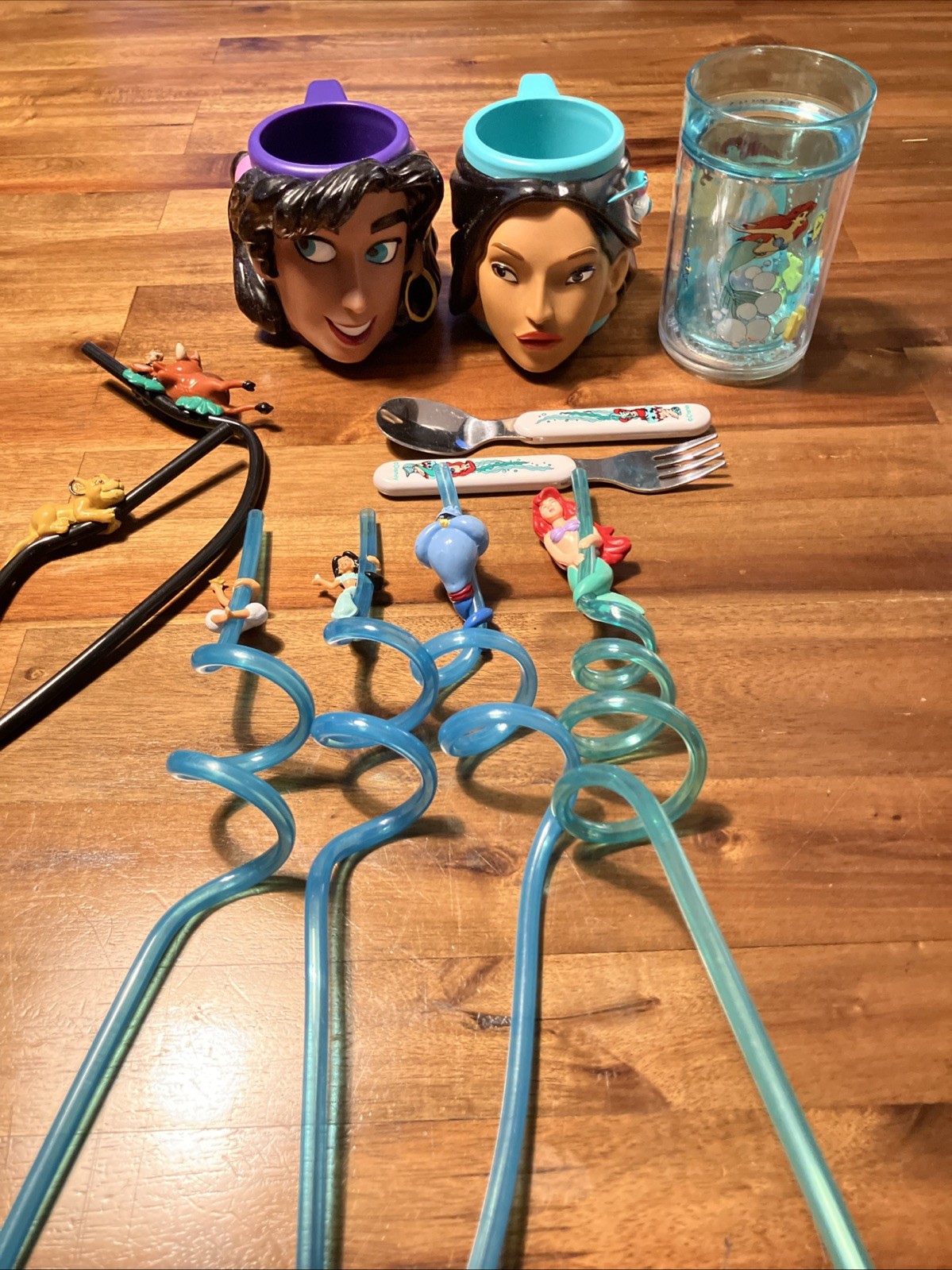 Vintage 1990s Era Disney Cups, Silverware and Straws; Lot of 11