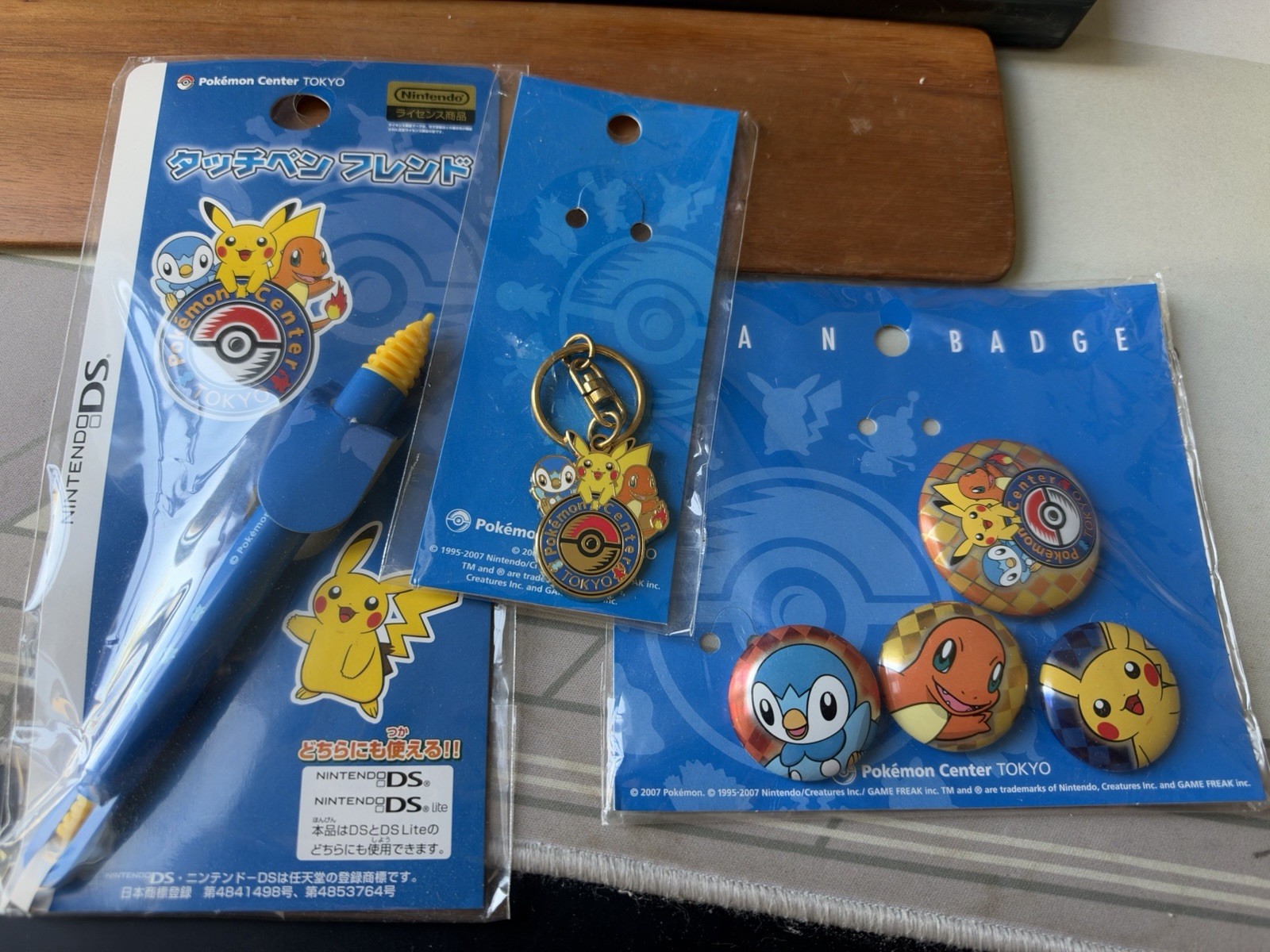 2007 Pokemon Center Tokyo Piplup, Pikachu, Charmander Keychain, Caps DS Stylus