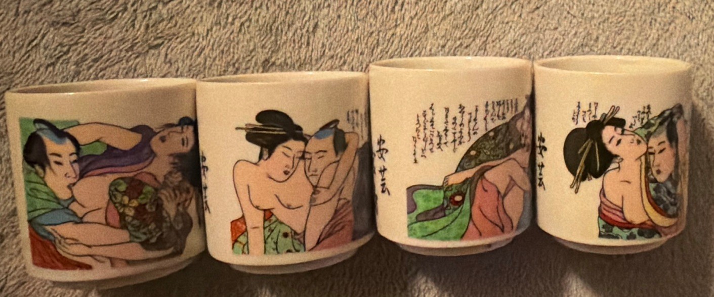 Vintage Japanese Shunga Erotic Art Porcelain Sake Cups Set of 4 Ochoko 2”