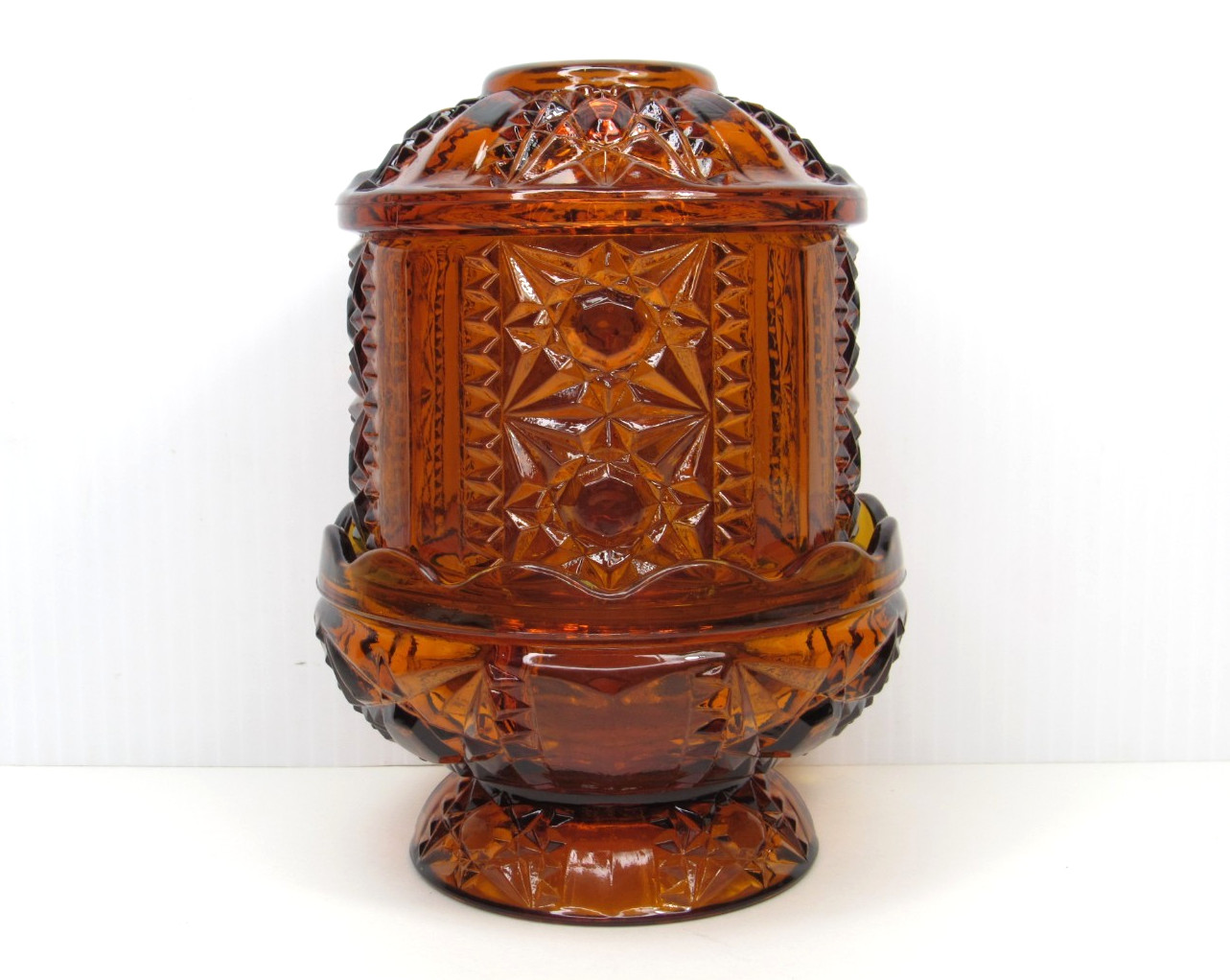 RARE Vtg INDIANA GLASS Stars & Bars Amber Fairy Lamp Candle Holder Tea Light MCM