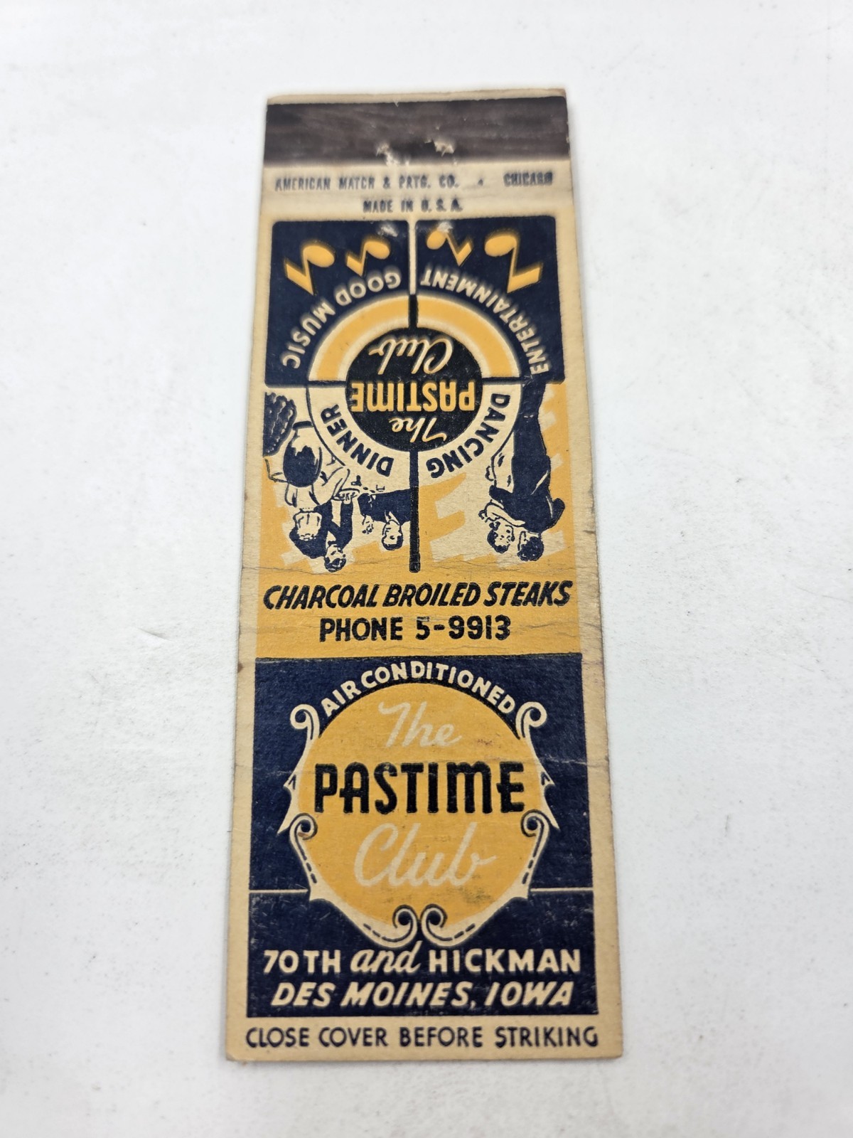 Pastime Club Des Moines Iowa Matchbook Cover