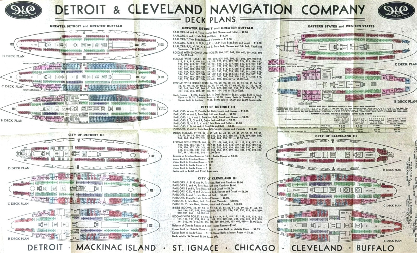 1920s-30s D&C Line Great Lakes Fleet Deck Plans w/ 6 Ships & Color-Coding