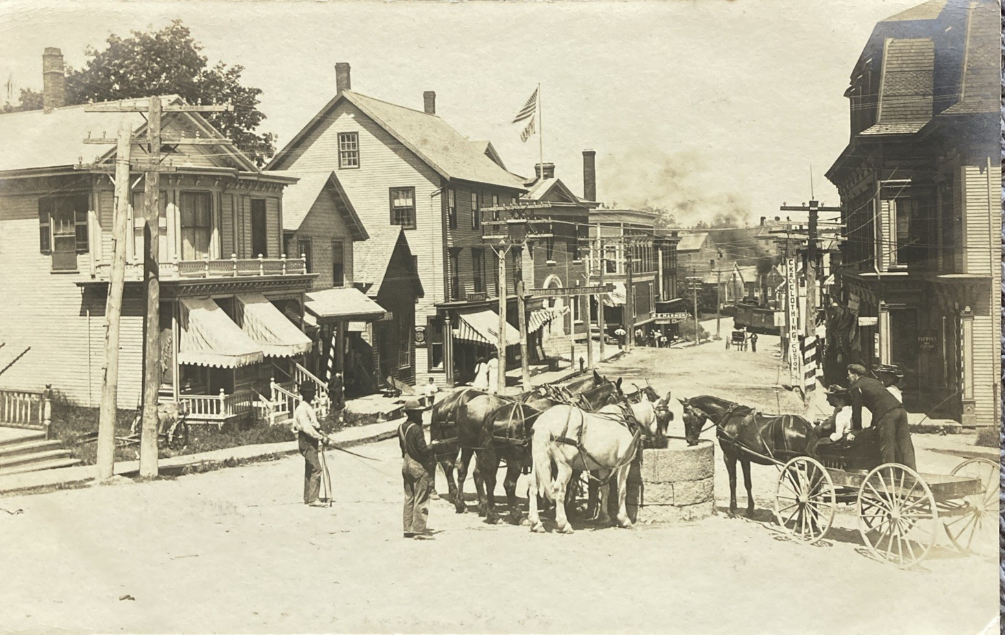 RPPC Machias Maine Street View Horses Drinking From Well Postcard Great Signs