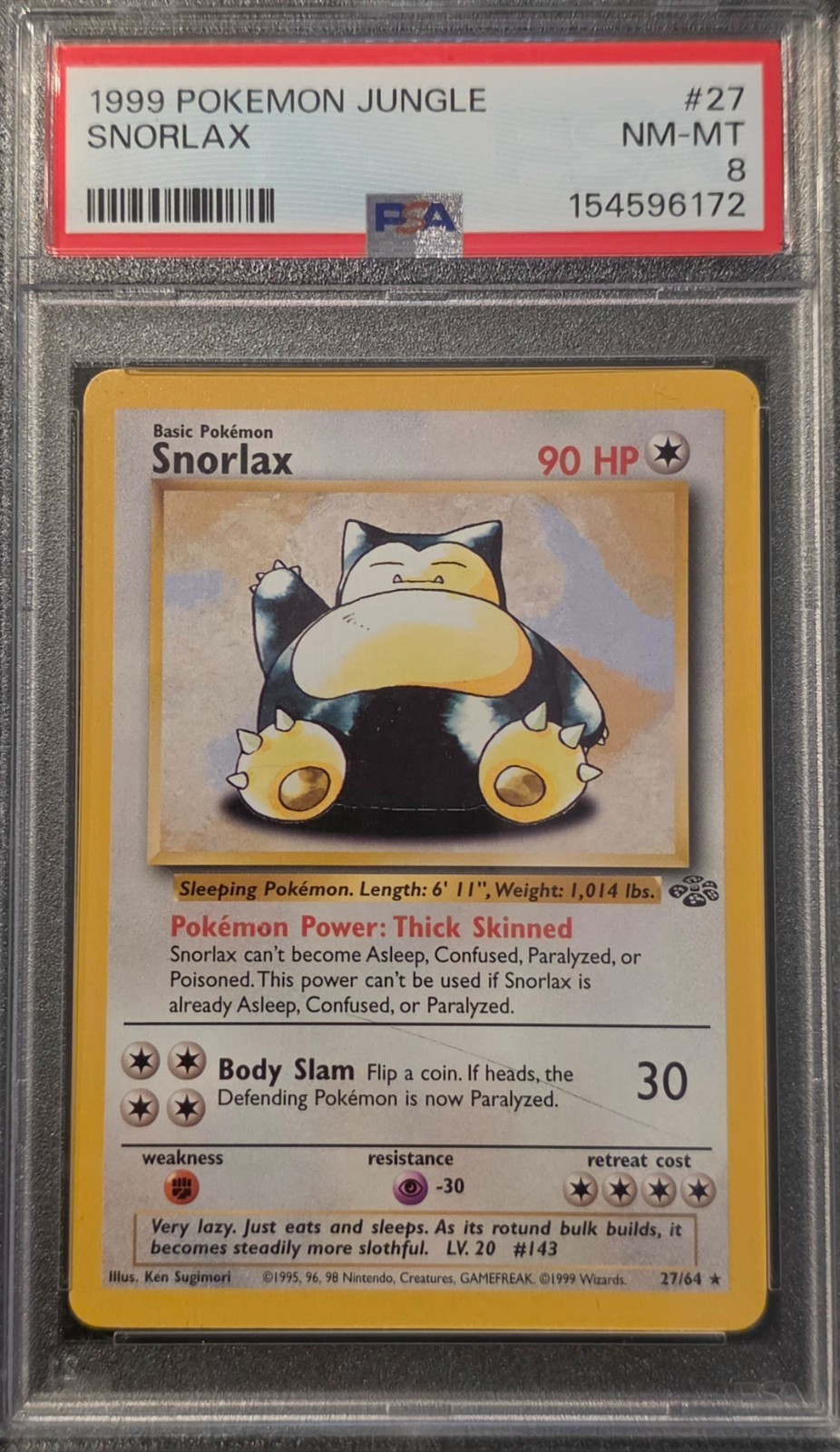 1999 Pokémon Jungle Snorlax Non-Holo 27/64 PSA 8 NM-MT