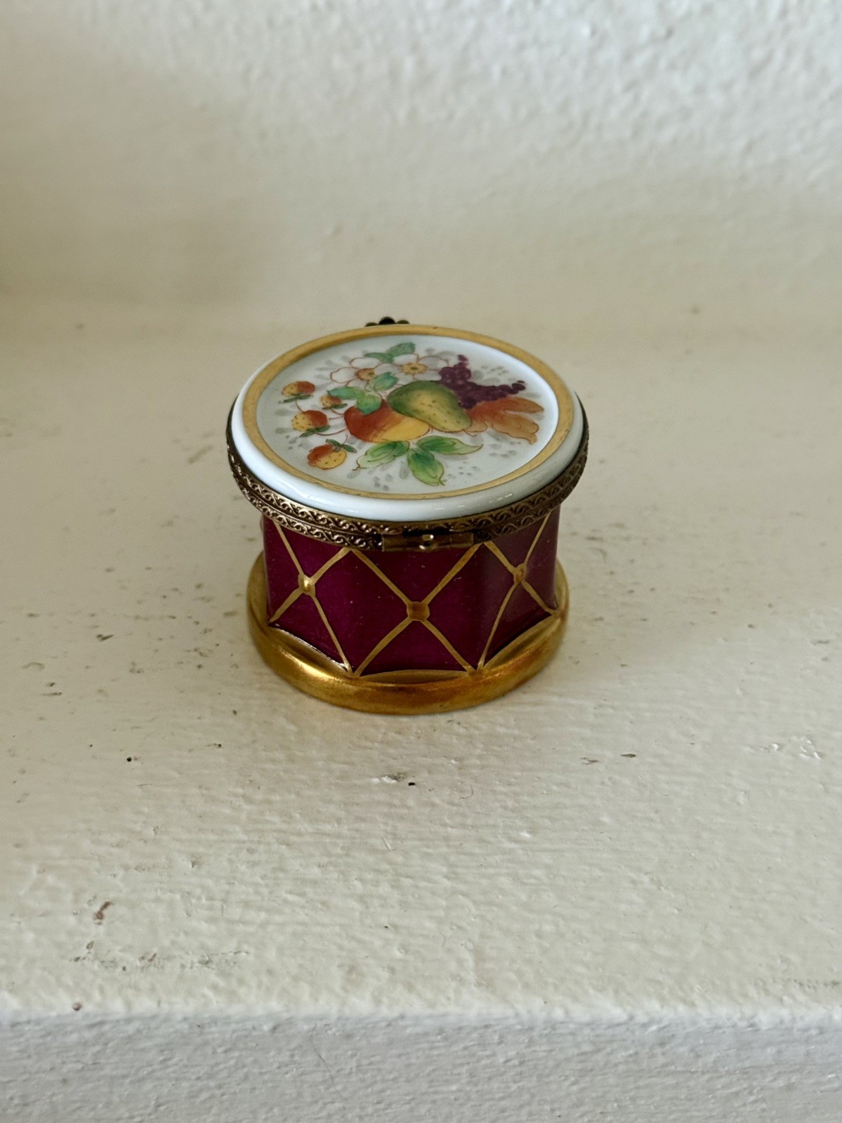 Authentic Limoges France Peint Main Drum Trinket Box Burgundy Fruit Flower VTG