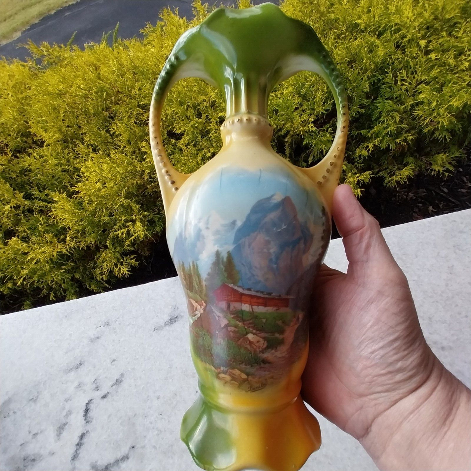 Antique Hand Painted Germany  Vase 2 Handed Danilo Signed Art RARE Nature River