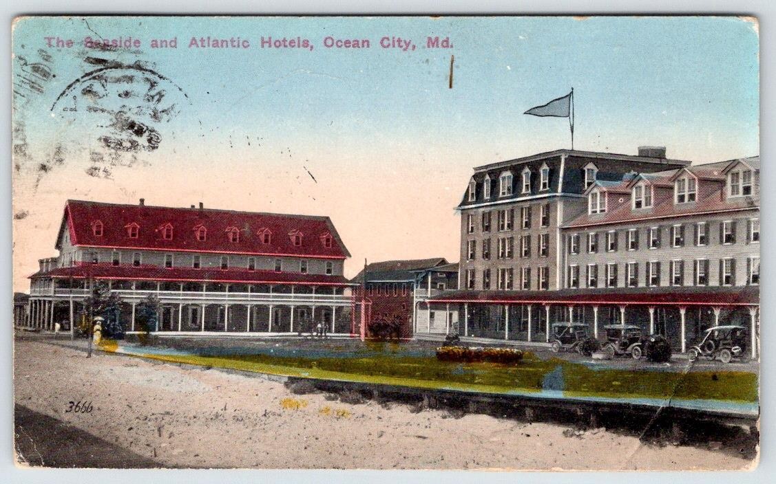 1916 SEASIDE and ATLANTIC HOTELS OCEAN CITY MARYLAND MD ANTIQUE POSTCARD