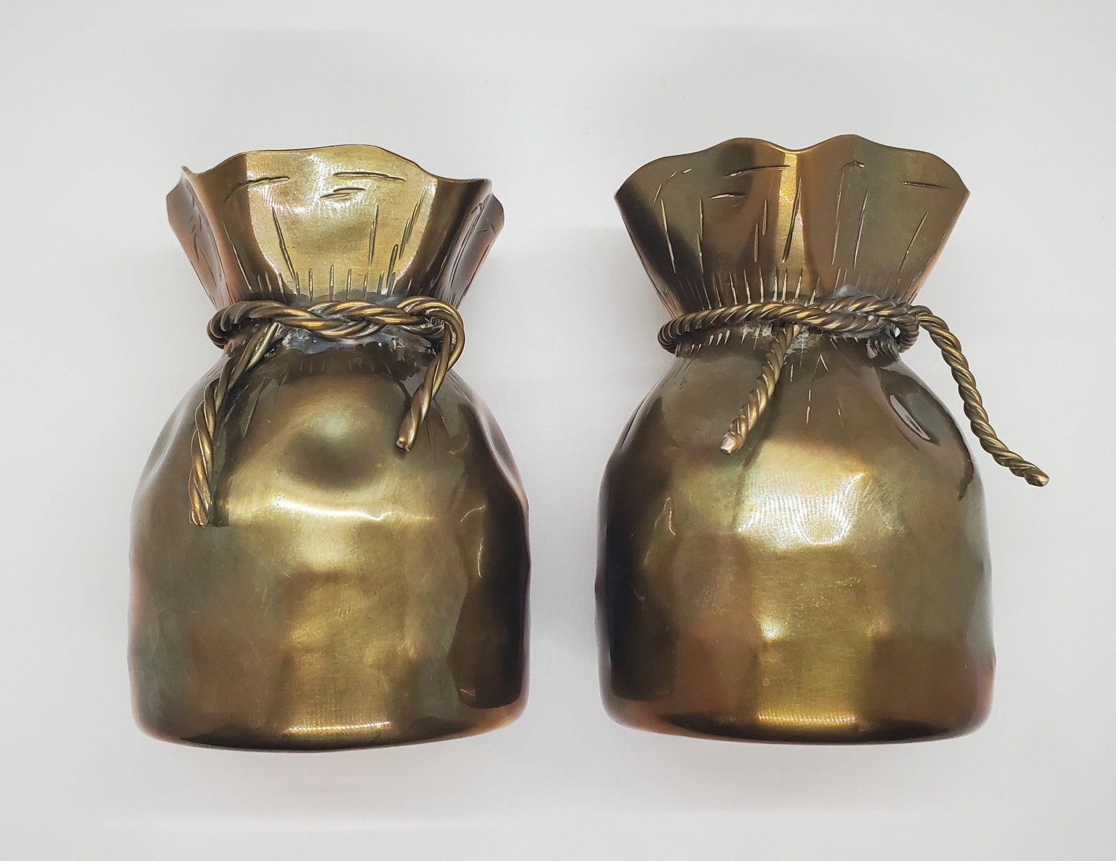 Pair of vintage mid century mcm brass drawstring coin money bag vases Spain