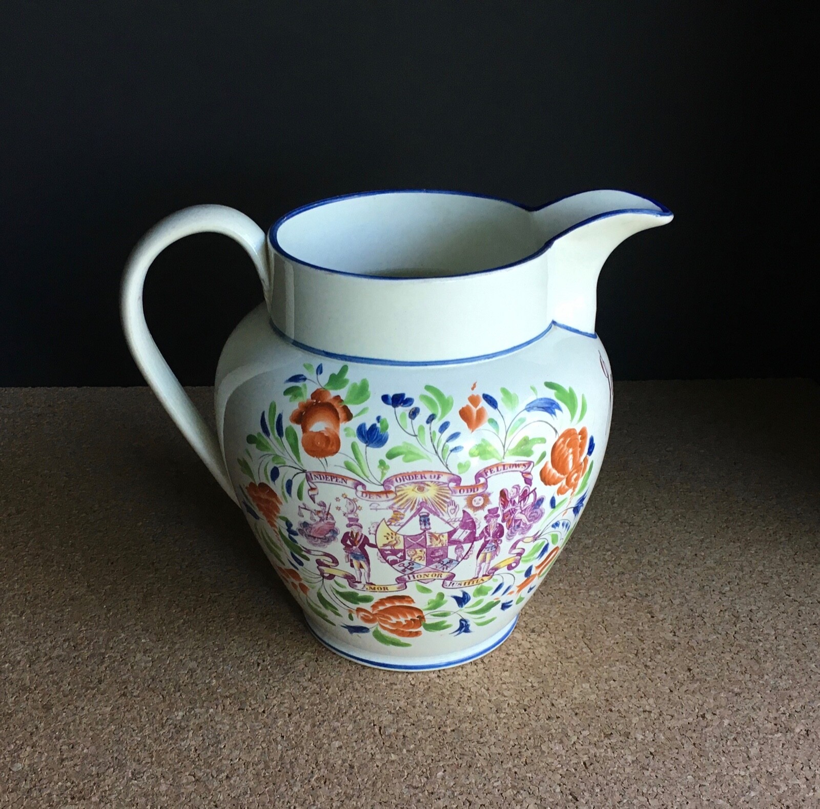 Antique Odd Fellows Creamware Ceramic Pitcher circa 1832