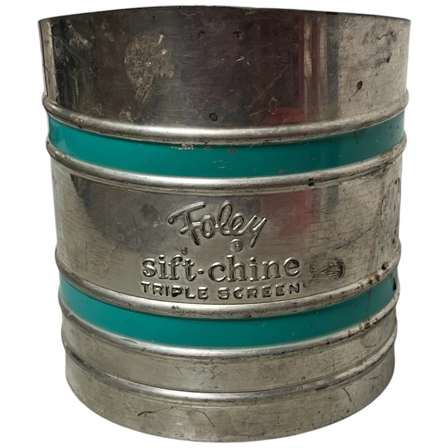 Vintage Foley Sift-Chine Flour Sifter Triple Screen Metal Turquoise Blue Silver 
