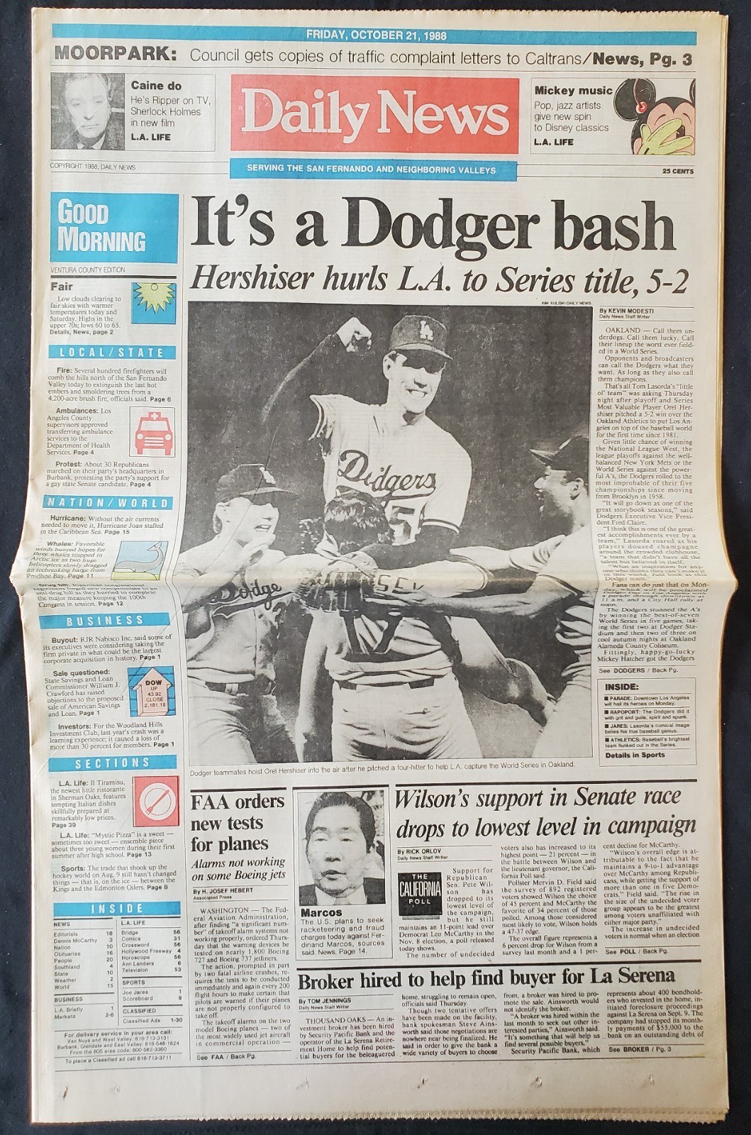 1988 Hersheiser Dodgers v A's World Series Champions MLB LA Daily News Newspaper