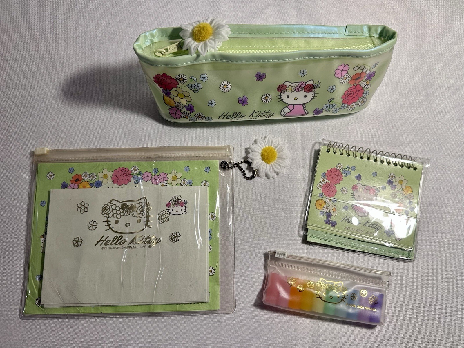 Vtg 2001 Hello Kitty Cottagecore Green Floral Pencil Case & Stationary Y2K Retro