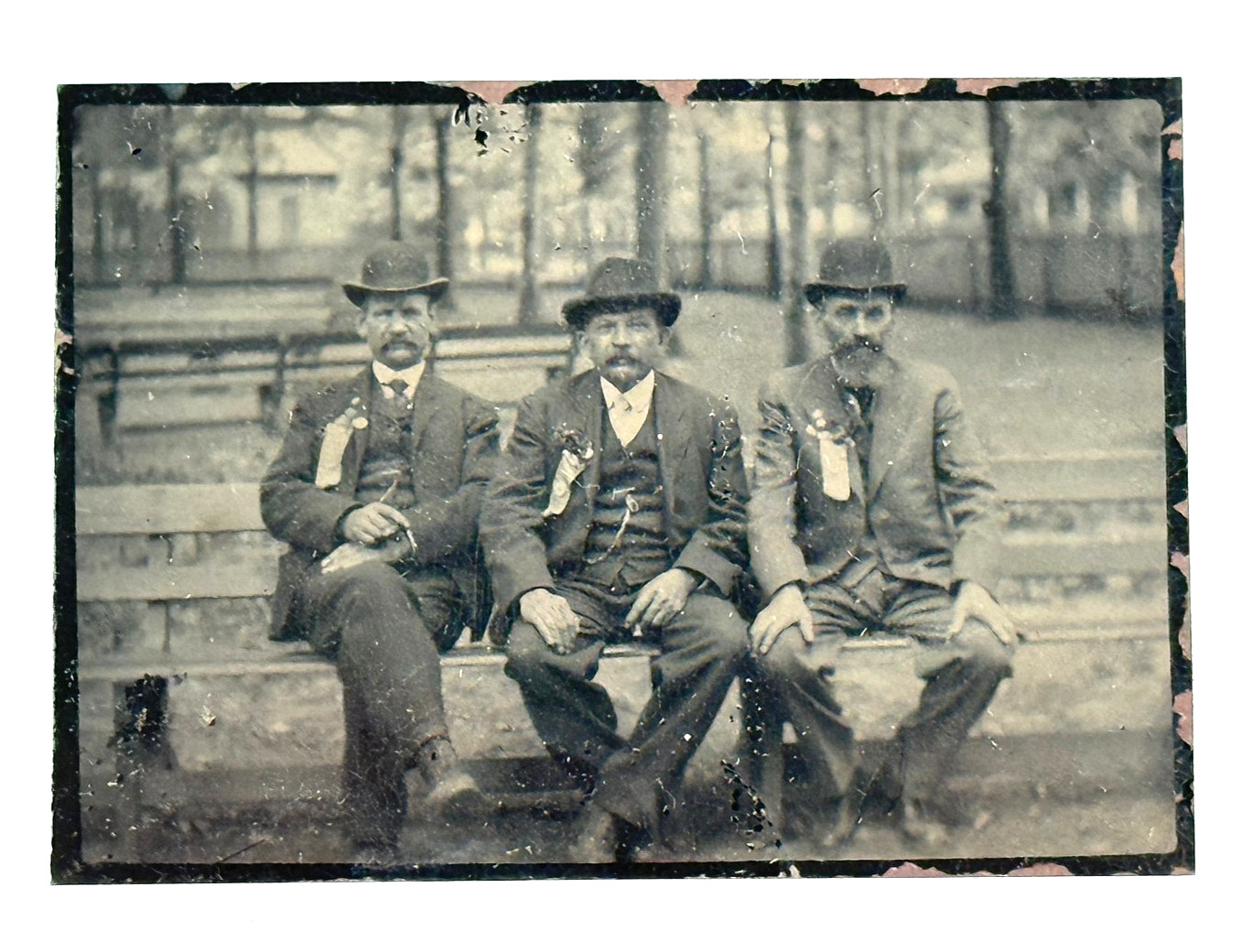 Antique 1/6th Plate Tintype Photo Three Men on a Bench GAR Civil War ribbons