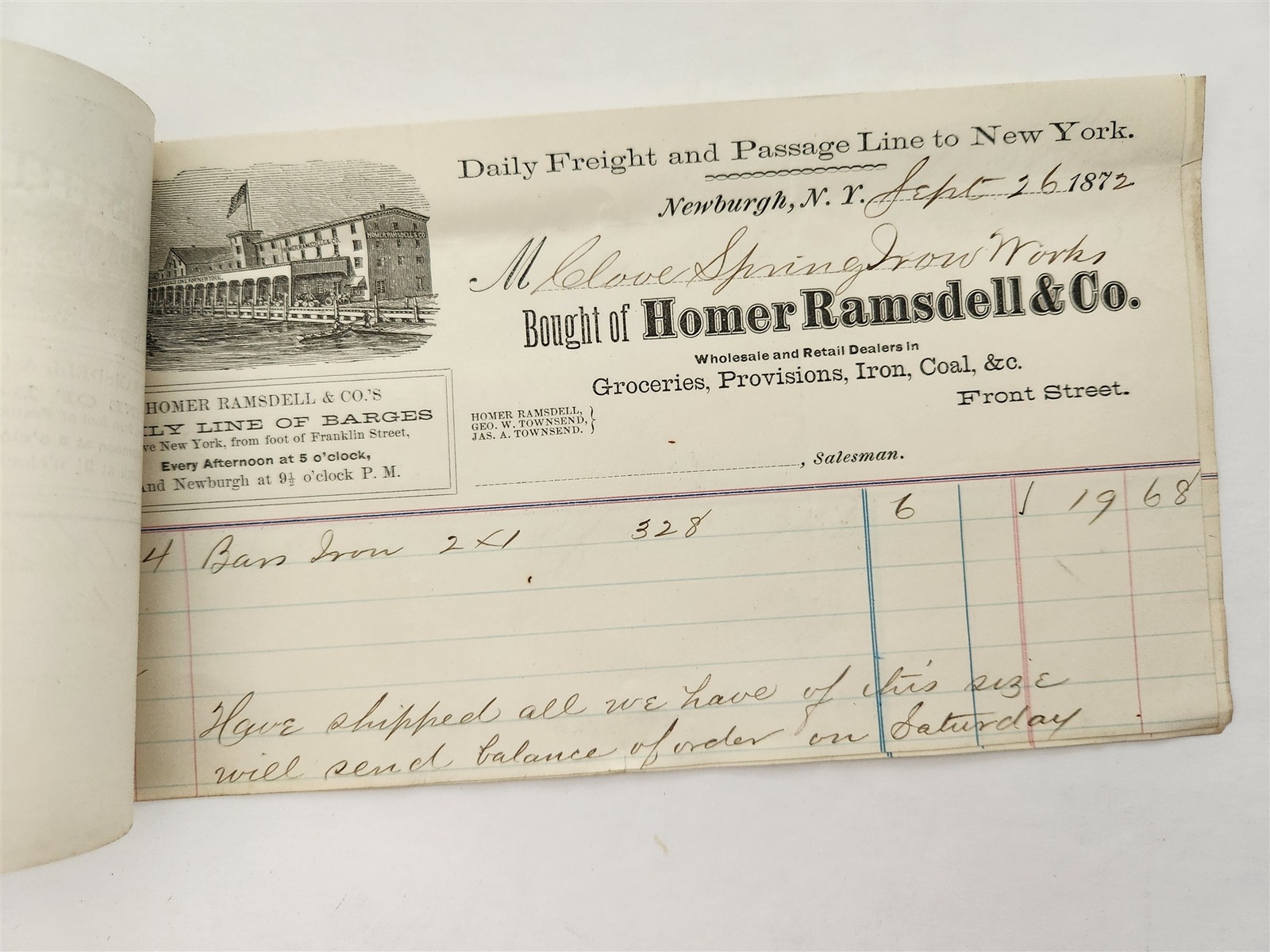 1872 antique HOMER RAMSDELL & CO newburgh ny 3pc INVOICE iron coal freight