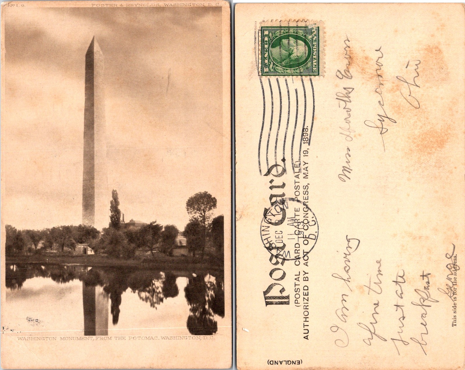 Washington DC Monument, From the Potomac Reflection on Water 1913 Postcard 73686