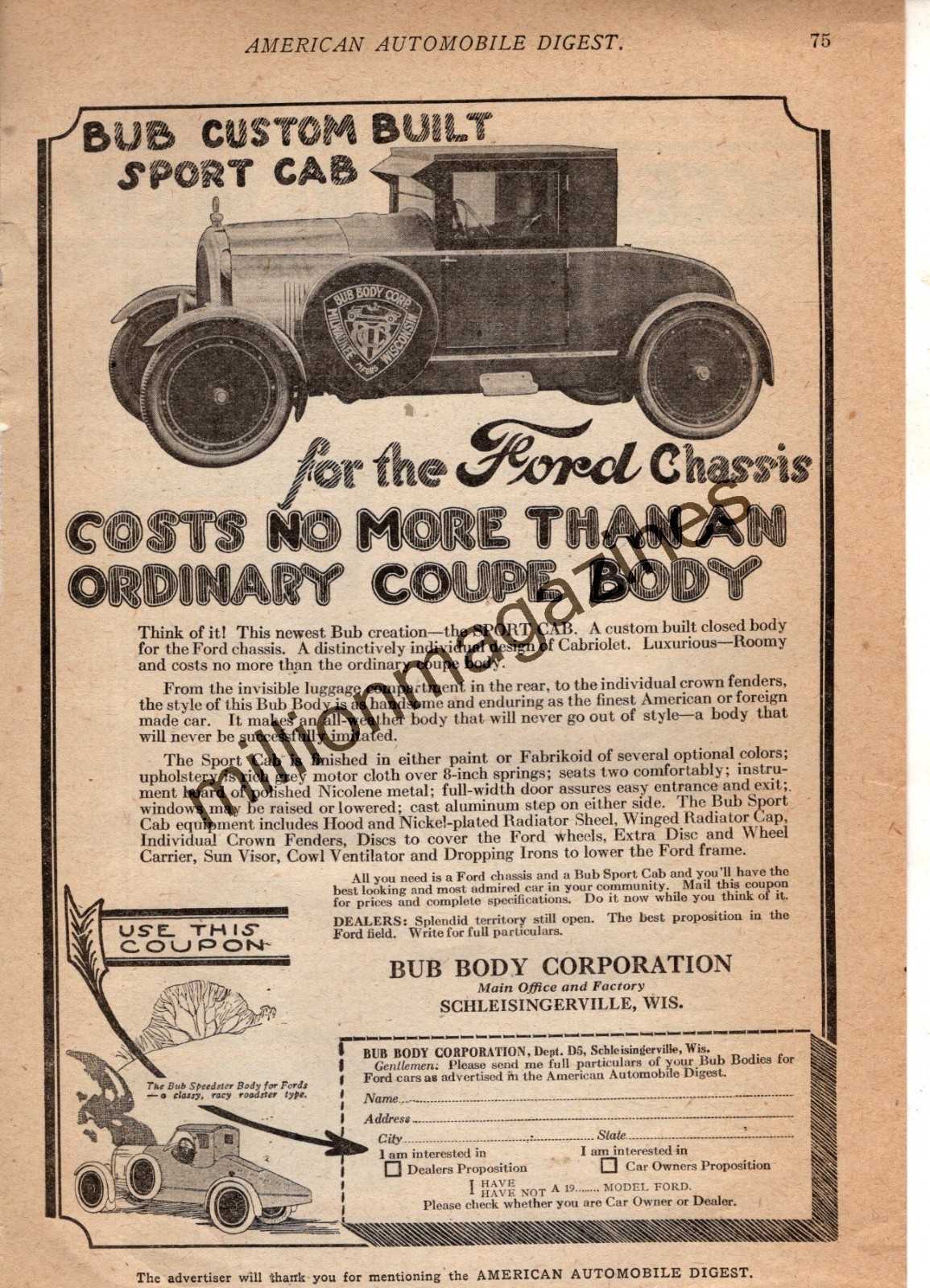1922 Ford Model T Original ad for Bub Sport Cab bodies - Schleisingerville WI