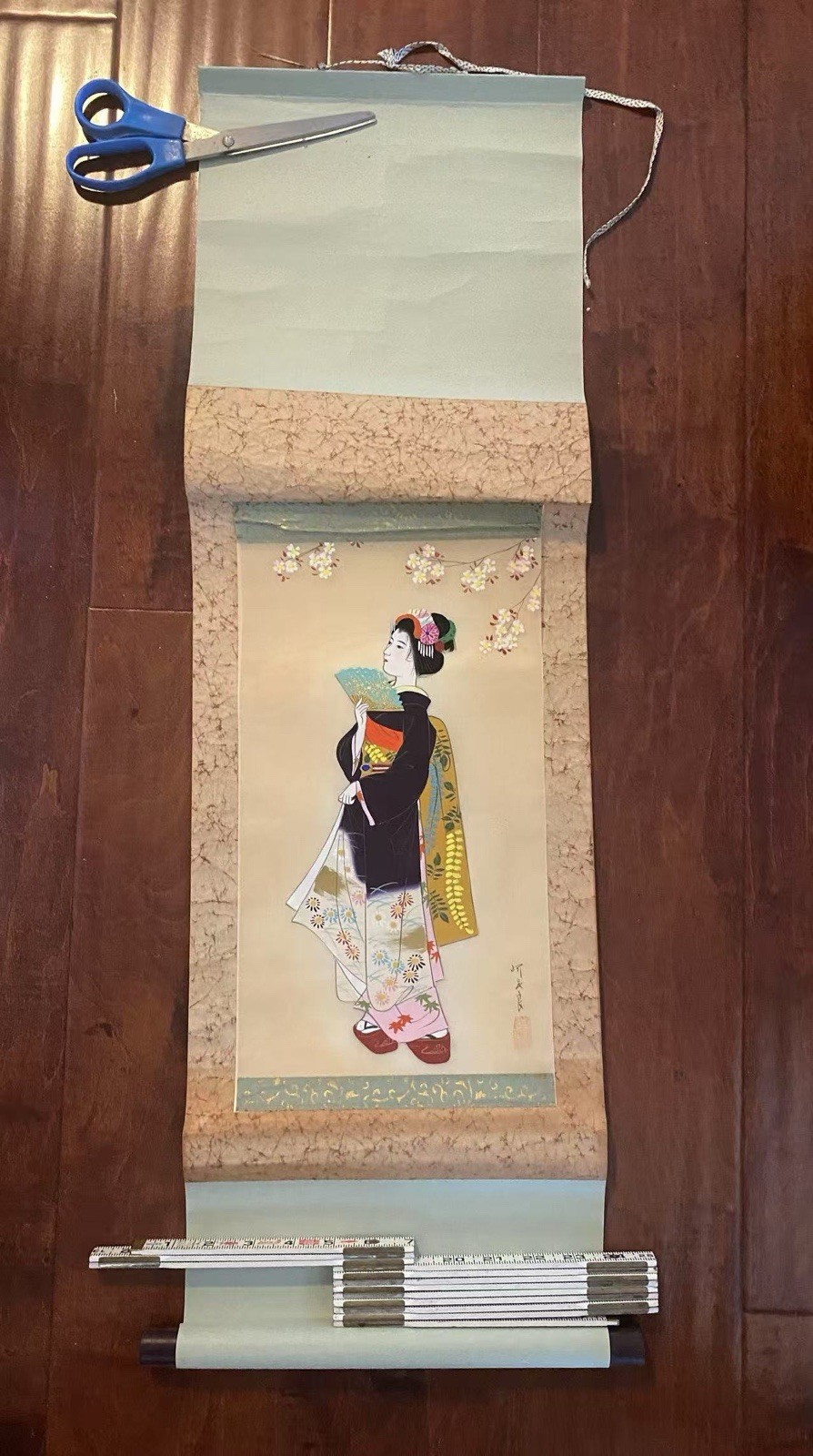 Vtg Mid Century Japanese Hanging Scroll Kakejiku Painting Bijinga Geisha Signed