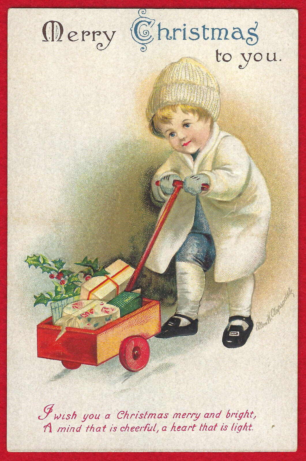 Vtg Clapsaddle Christmas Little Boy White Coat Toy Cart w/Gifts PC A/S Emb c1915