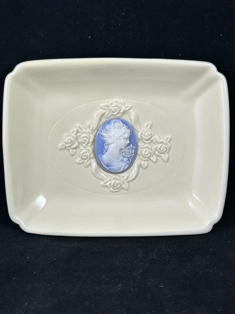 Vintage I.W. Rice IRICE Porcelain Vanity Tray Blue Cameo Roses Japan