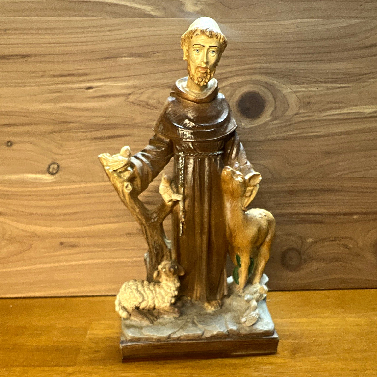 Vintage St. Francis of Assisi Figurine Statue with Animals Deer Sheep M.D.
