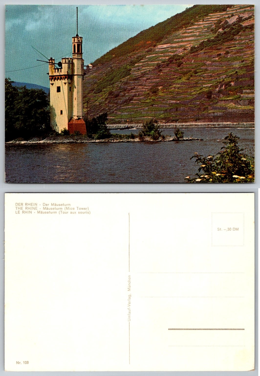 Rhine River Mouse Tower Mäuseturm Bingen Germany Vintage Postcard Umlauf-Verlag