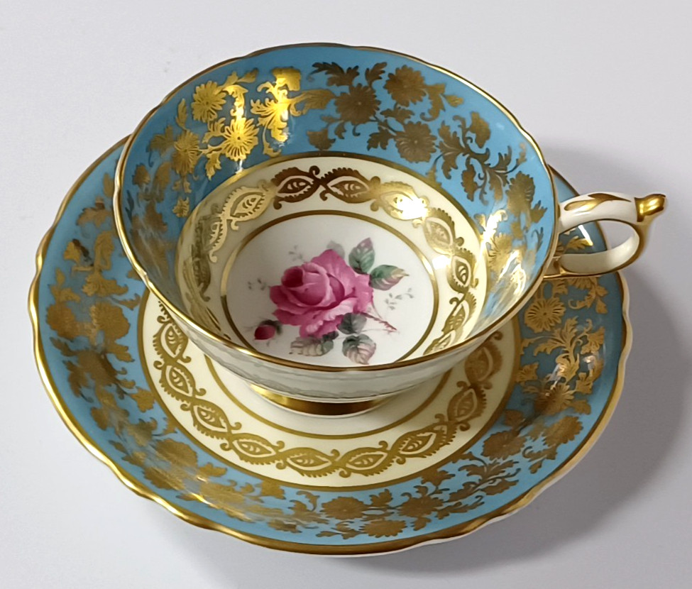 Paragon Double Warrant Teacup Saucer Set Teal Gold Filigree Pink Floating Rose